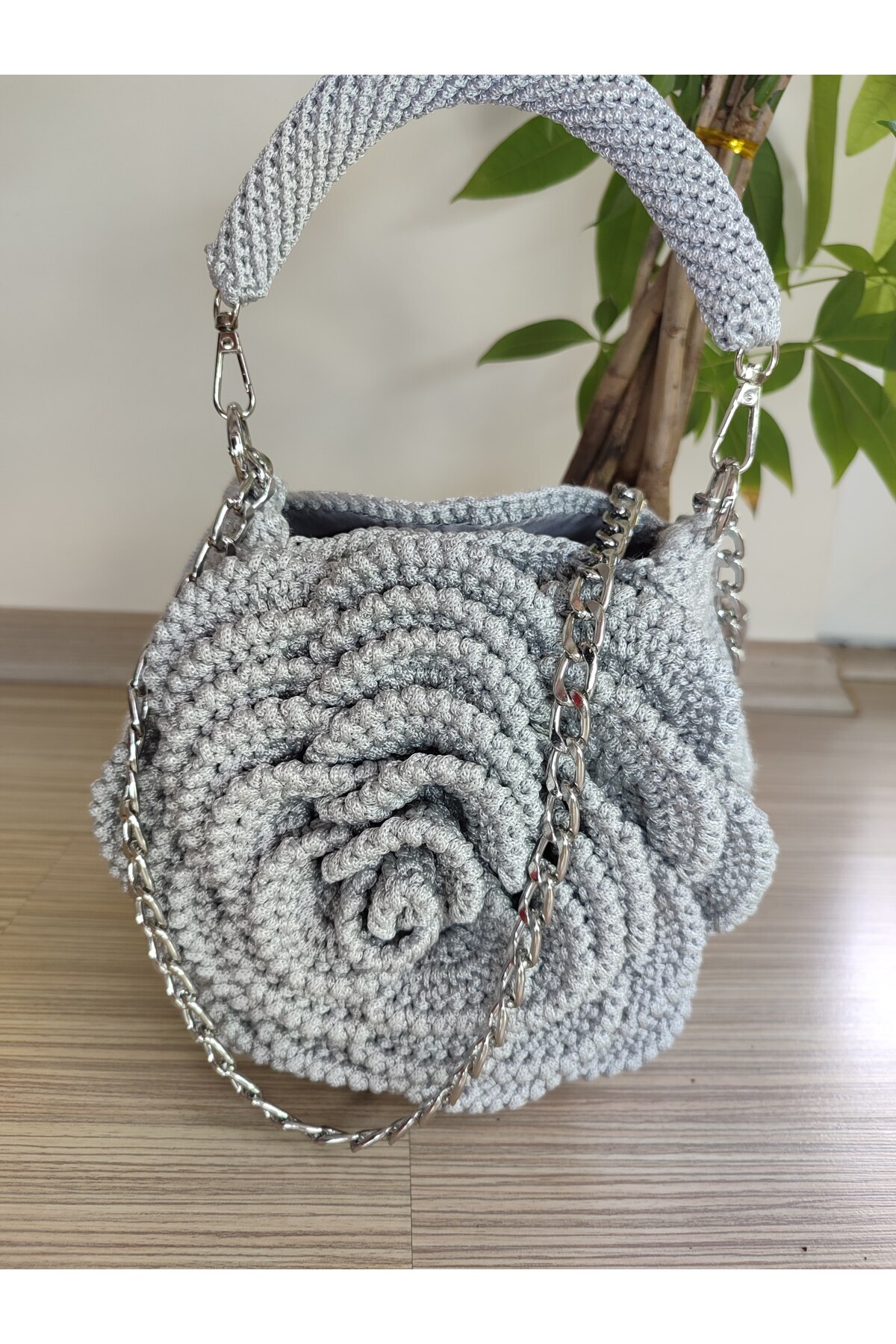 Altınergiyim-Polyester Macrame String Bag with Rose Detail 5