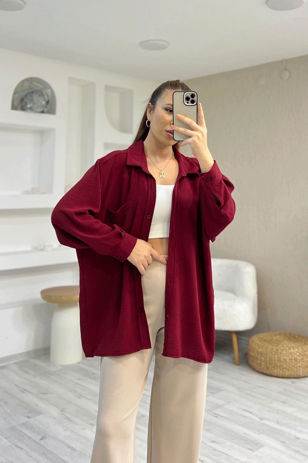 İrka Moda Ayrobin Kumaş Tek Cep Oversize Kırmızı Gömlek