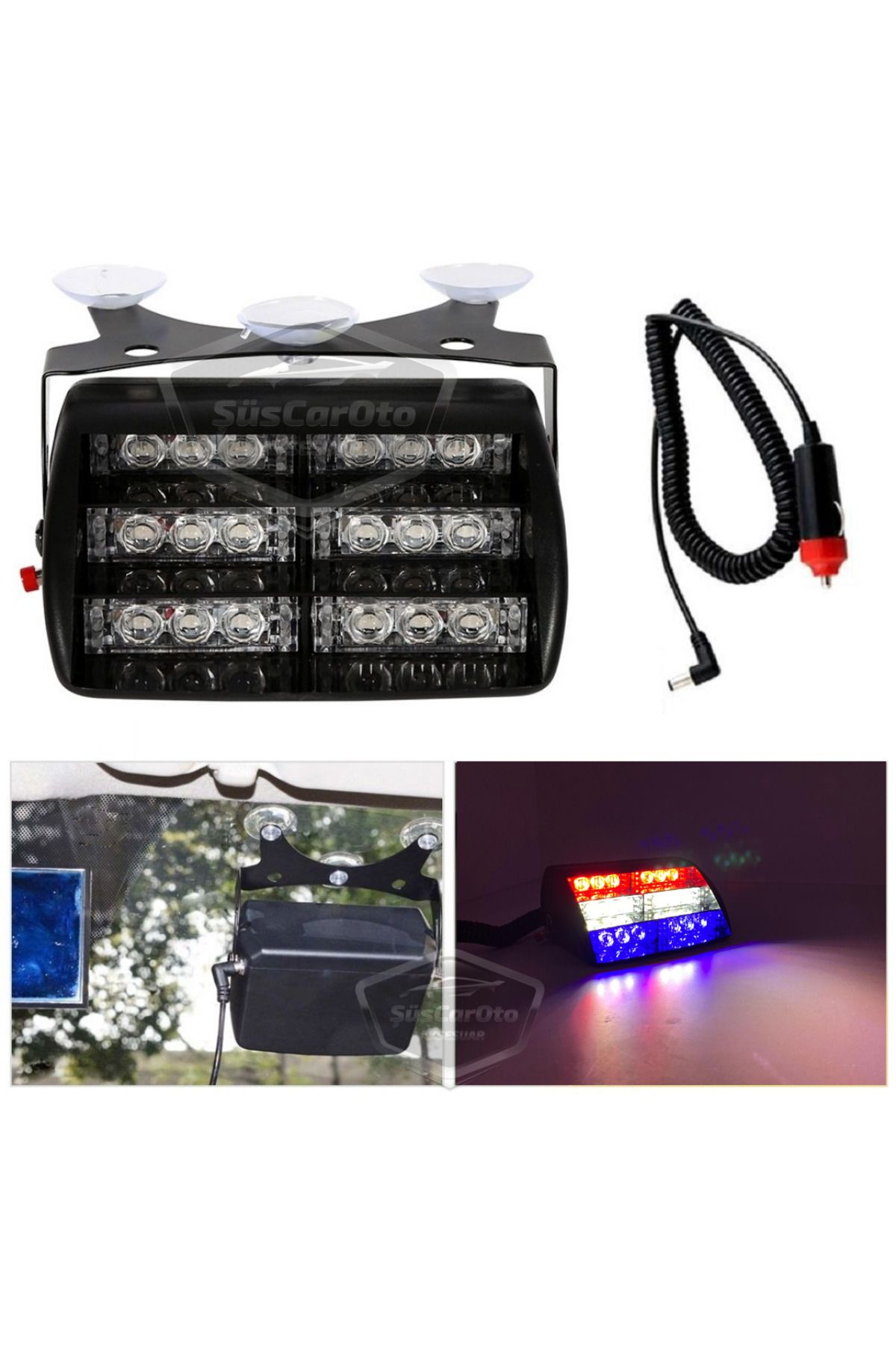 caralp 18 Led Mini Cam İçi Vantuzlu Polis Çakar Lamba İkaz Lambası 18 Ledli 4 Farklı Mod Mavi Beyaz Kırmızı