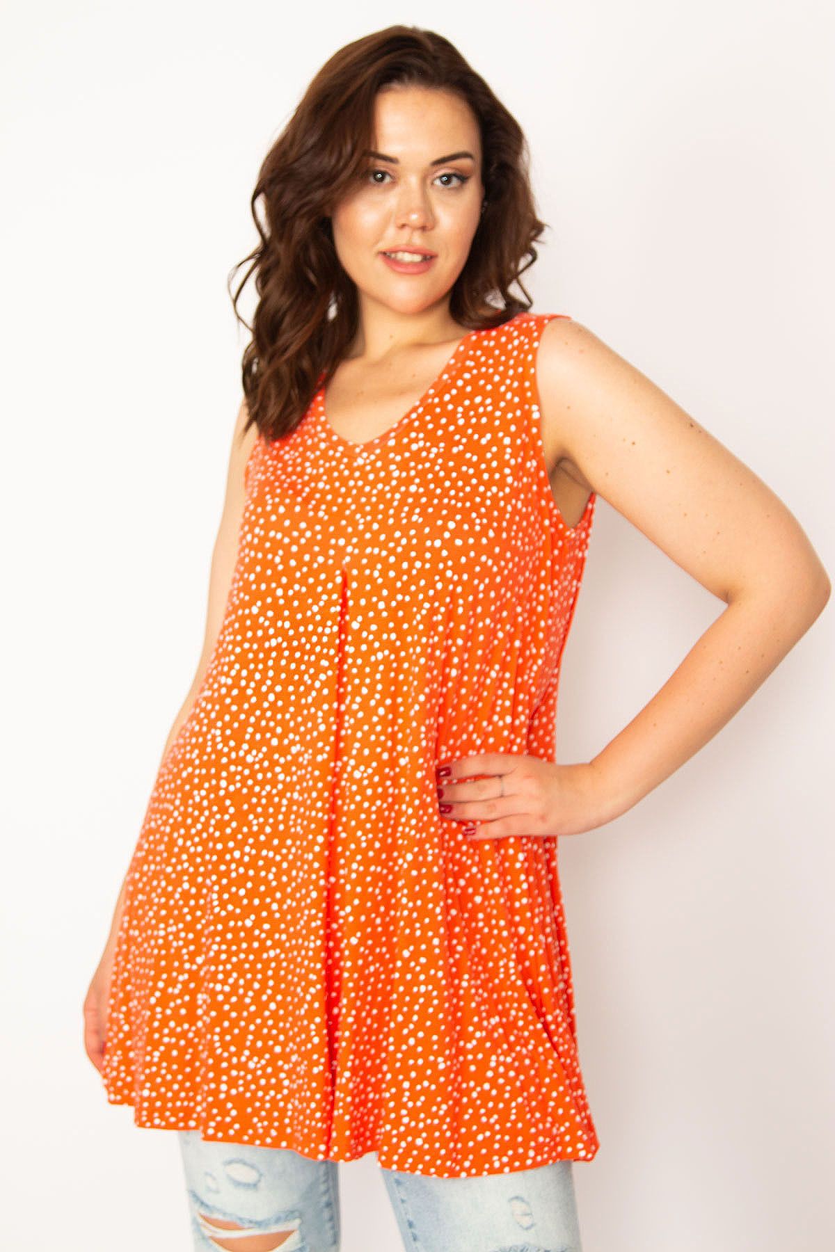 Şans-Women's Plus Size Pomegranate V Neck Front Pleated Print Tunic 65N38710 5