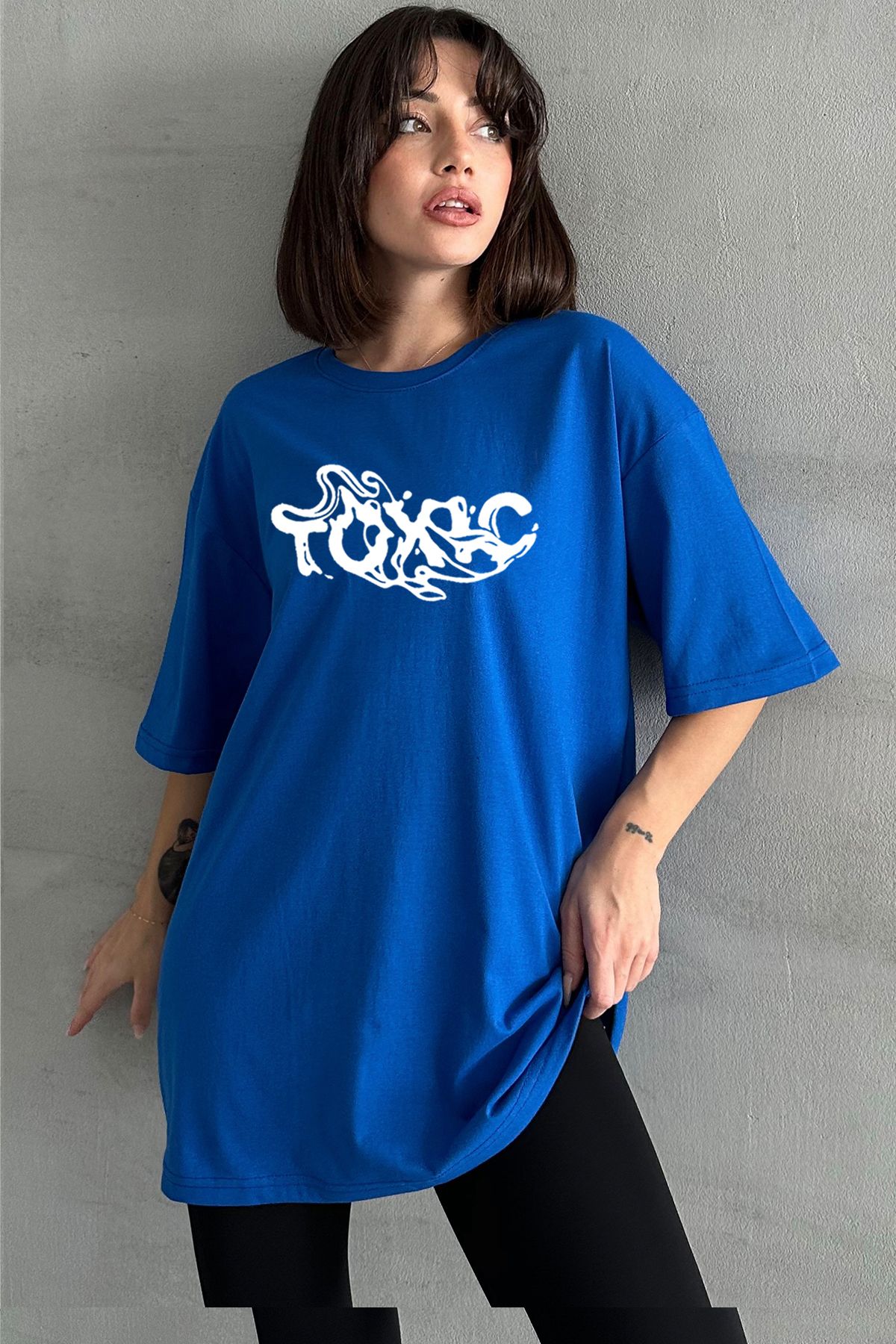 zunop Tricou Supradimensionat Pentru Damă, Albastru, Cu Imprimeu Toxic Femeie - L