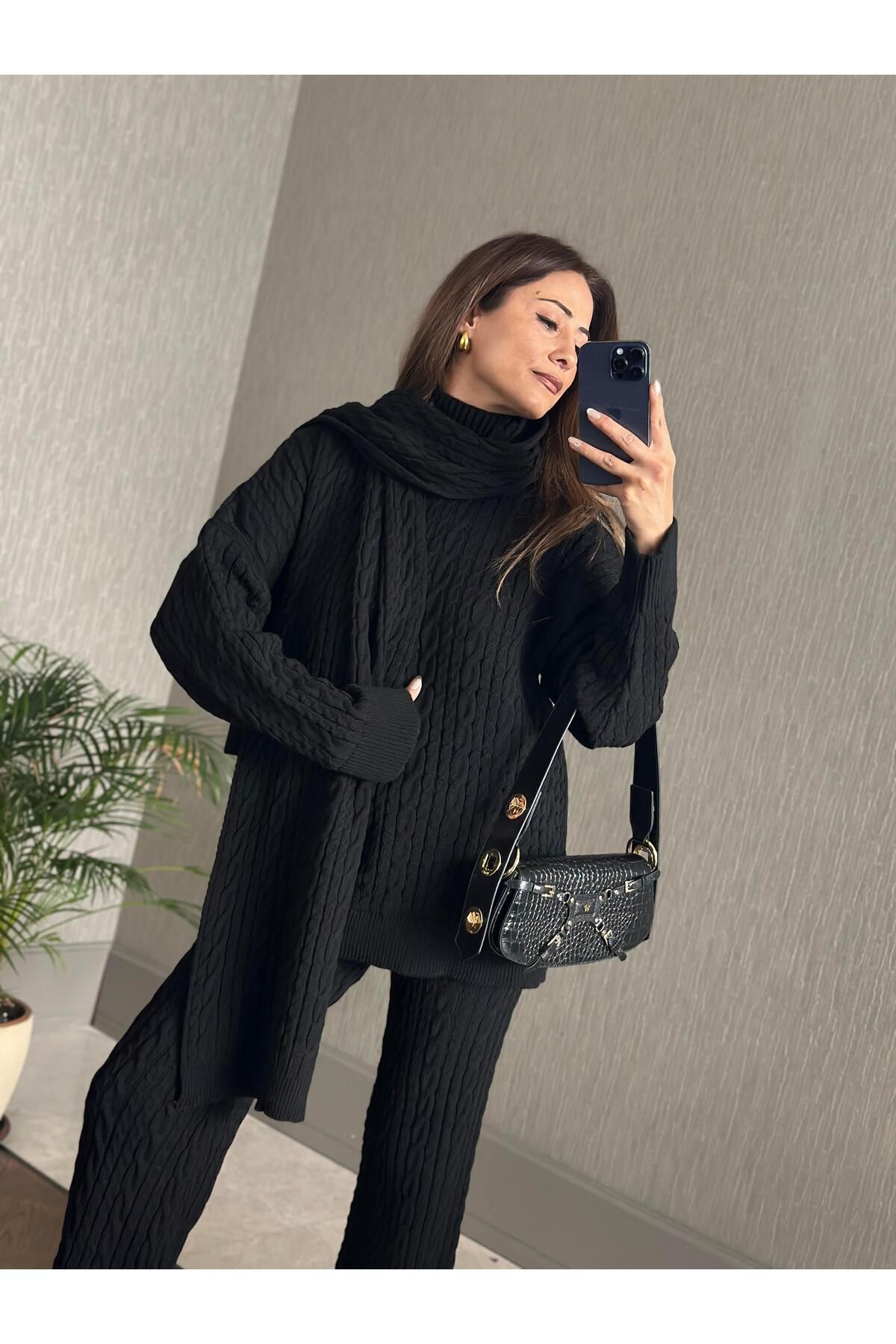 Forlady Butik Siyah Saç Örgü Atkı Kazak Pantolon Kadın Üçlü Triko Takım