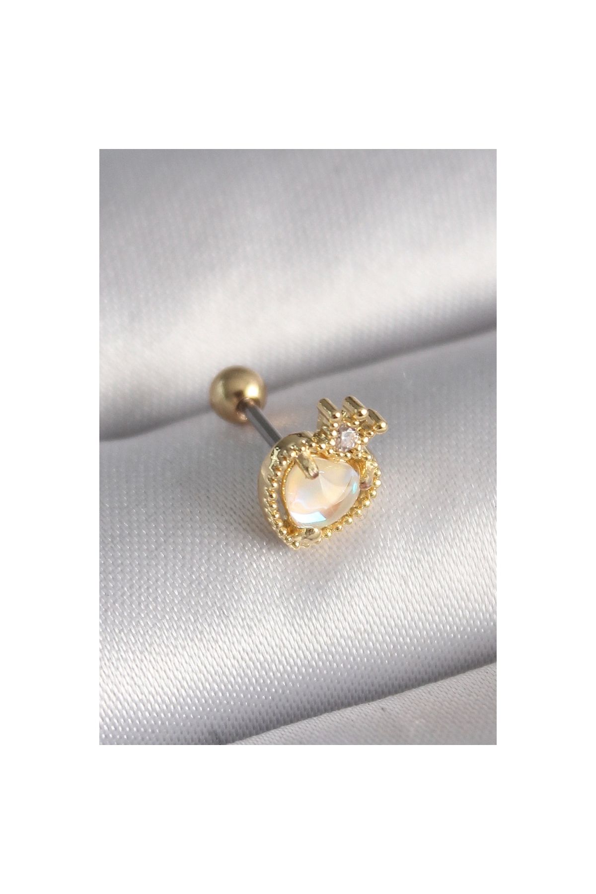 Narnuga 316L Çelik Gold Renk Beyaz Mineli Kalp Zirkon Taş Detaylı Taç Tragus Piercing - TJ-PR1262