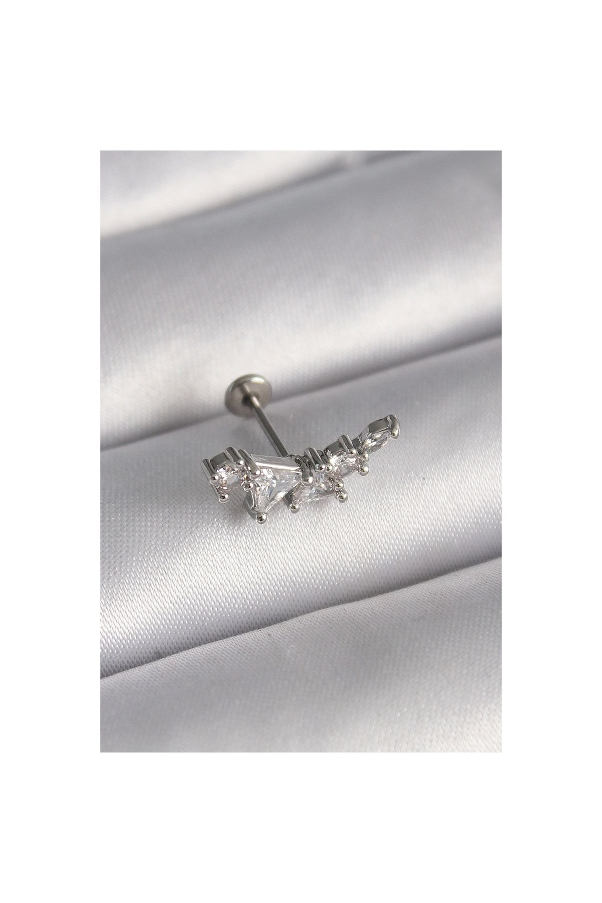 Narnuga 316L Çelik Gümüş Renk Zirkon Taşlı Tragus Piercing - TJ-PR1337