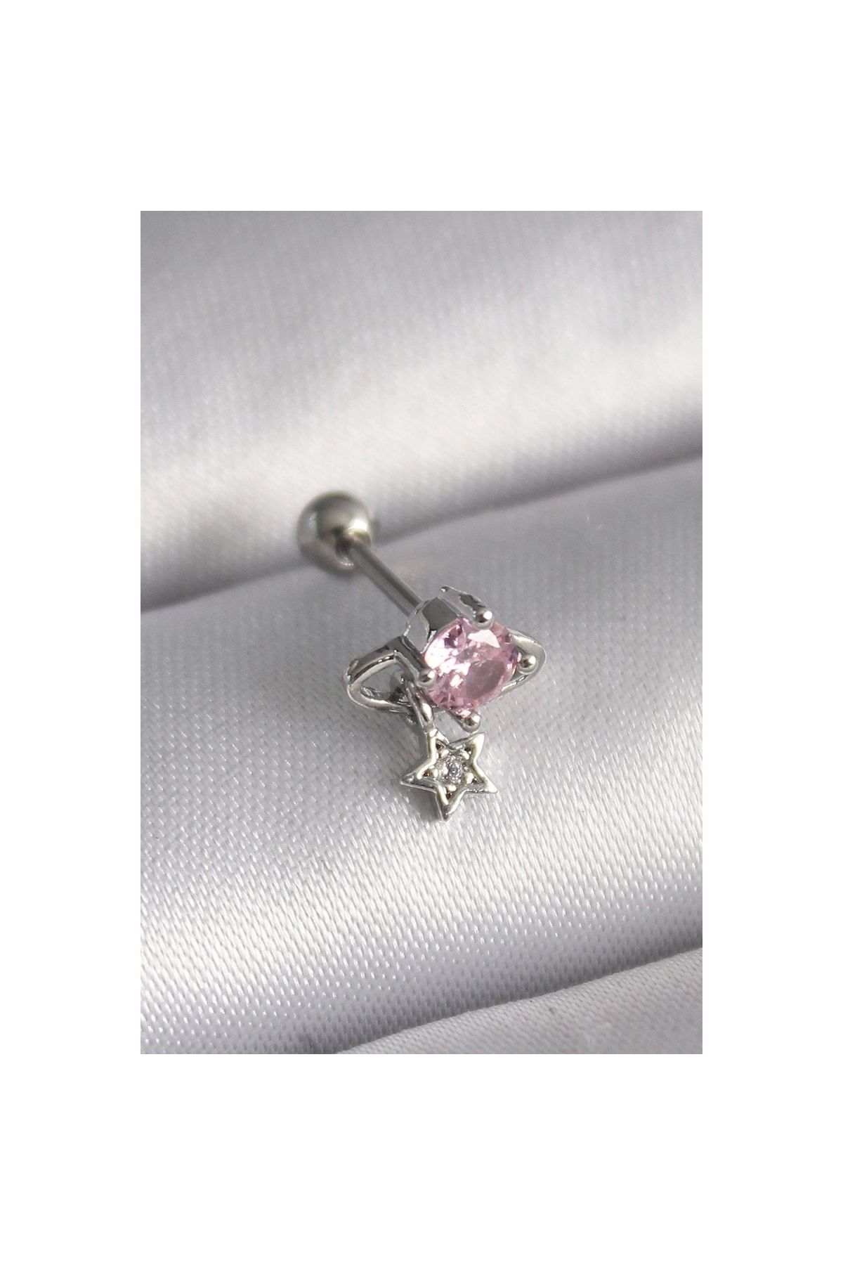 Narnuga 316L Çelik Gümüş Renk Pembe Zirkon Taşlı Sallantı Yıldız Detay Tragus Piercing - TJ-PR1237