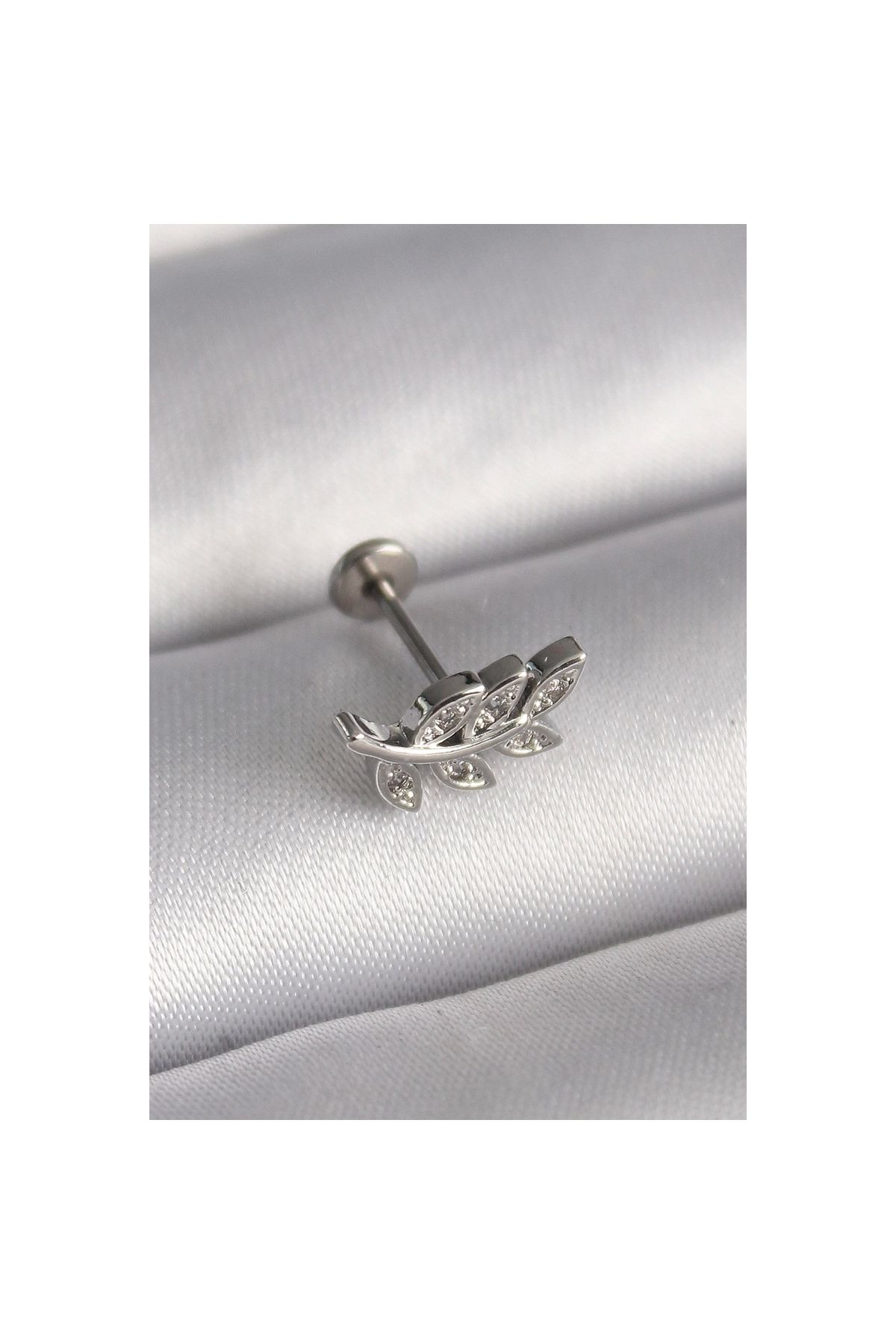 Narnuga 316L Çelik Gümüş Renk Dal Model Zirkon Taş Detaylı Tragus Piercing - TJ-PR1343
