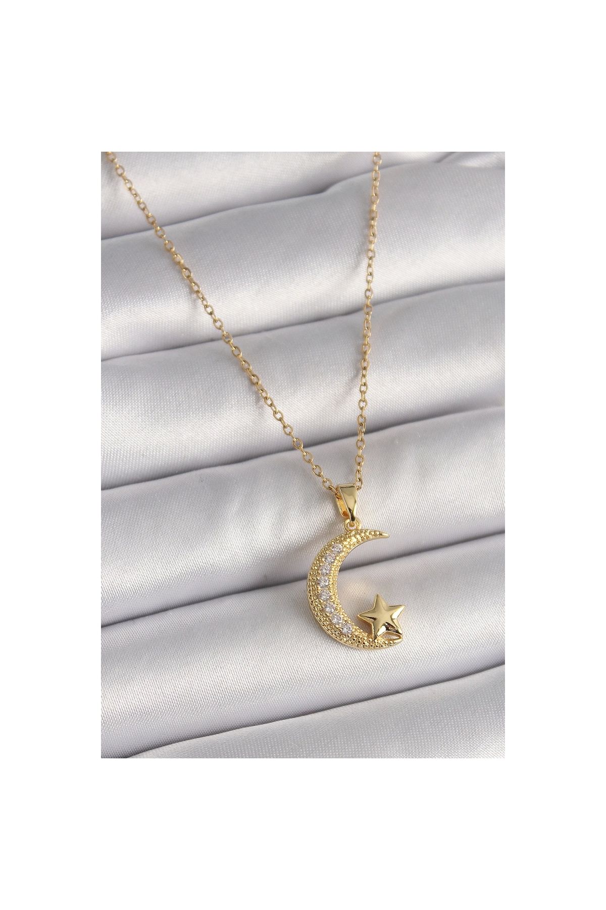 Narnuga 316L Çelik Gold Renk Zincir Zirkon Taşlı Hilal Model Yıldız Detay Kadın Kolye - TJ-BKO9654