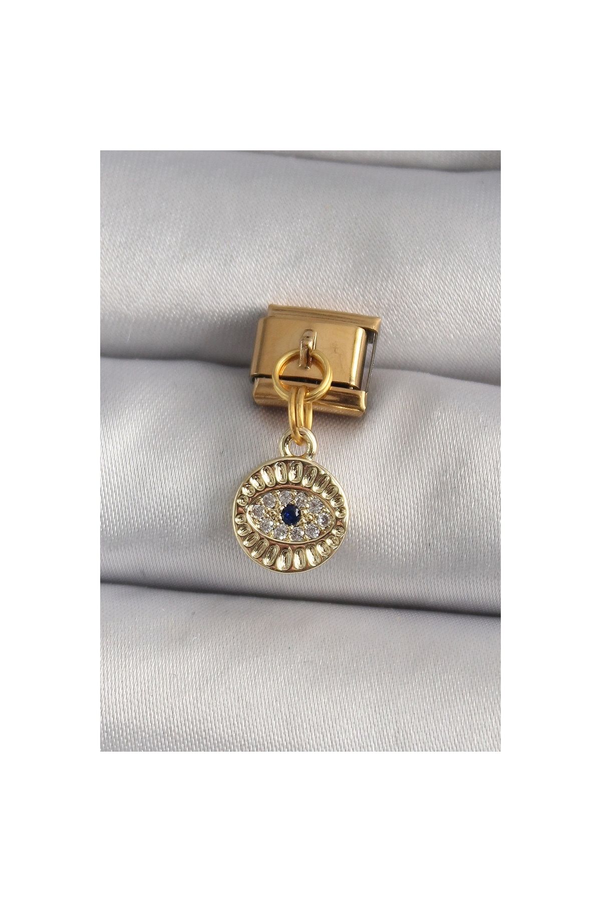 Narnuga 316L Çelik Gold Renk Sallantı Zirkon Taşlı Göz Model Nomination Charm - TJ-BC1193
