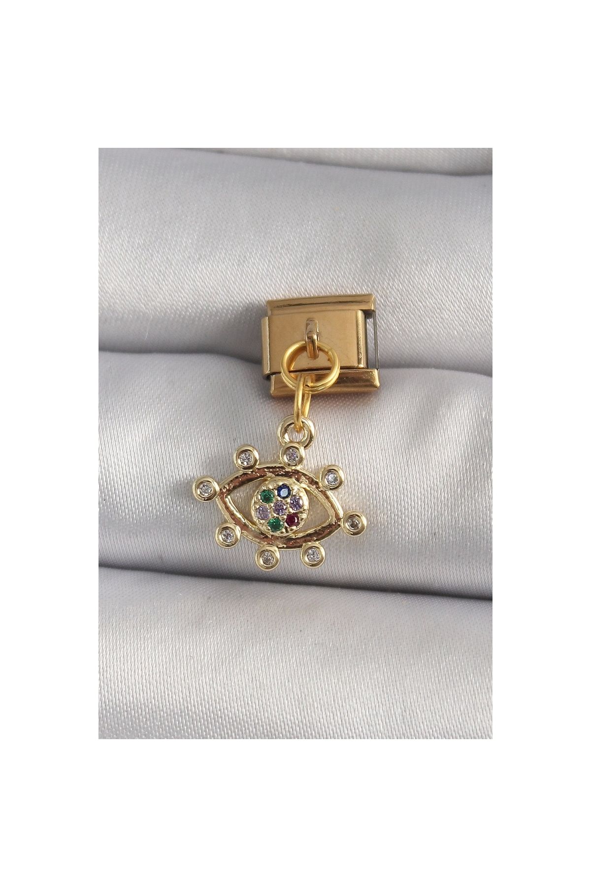 Narnuga 316L Çelik Gold Renk Sallantı Zirkon Taşlı Göz Model Nomination Charm - TJ-BC1195