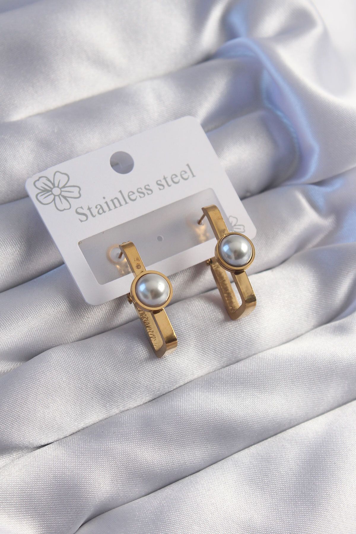 utku soydan 316L Çelik Gold Renk İnci Taşlı Dikdörtgen Model Küpe - TJ-BKP9060