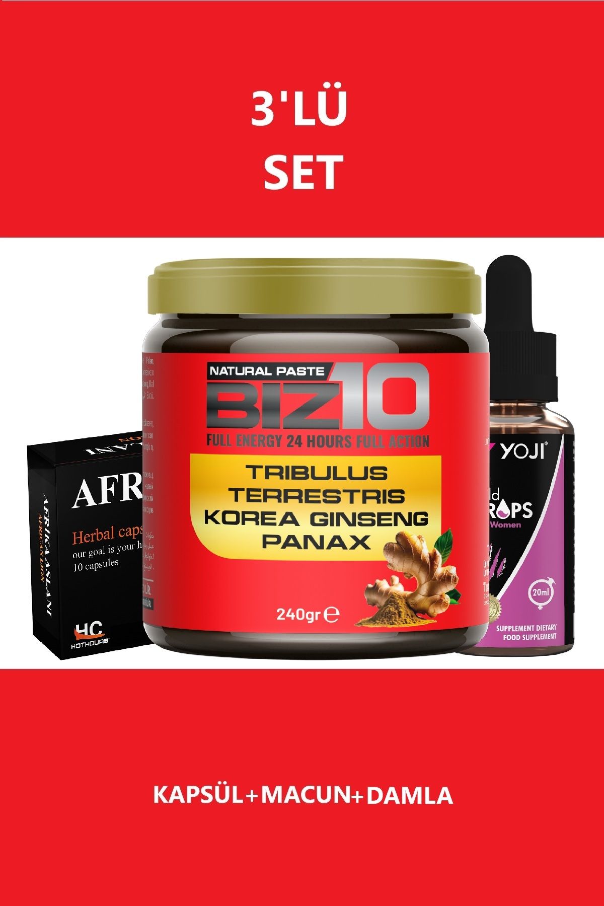 Biz10 Full Energy 24 Hours Full Action African Lion 10'lu Performans + Biz10 Epimedium Panax Macun 240gr + Kadın İstek Aşk Arttırıcı Damla