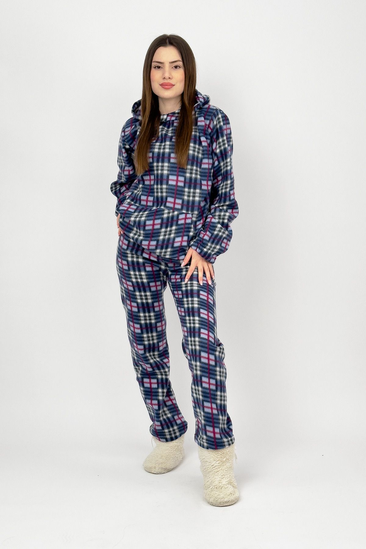 Betimoda-Winter Blue Square Pajamas Set - Waist Hood and Elastic 2