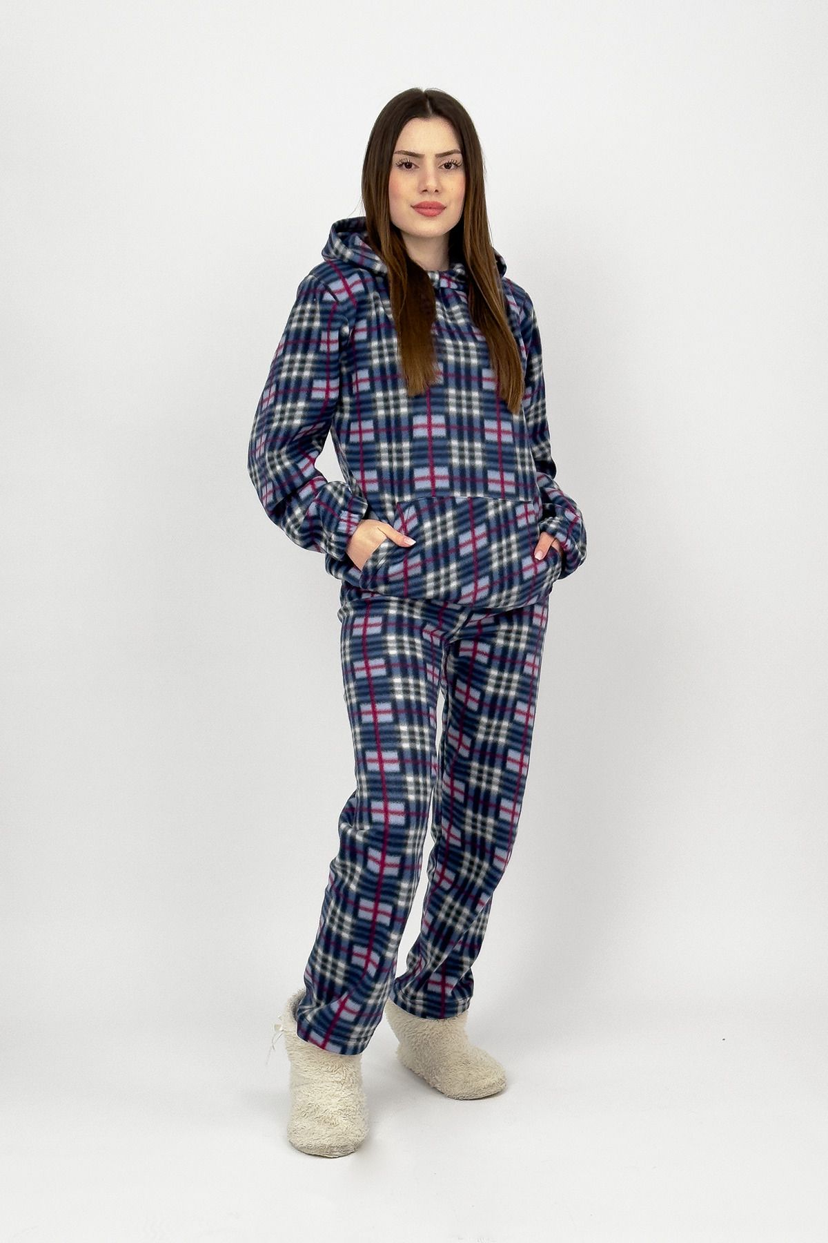 Betimoda-Winter Blue Square Pajamas Set - Waist Hood and Elastic 3