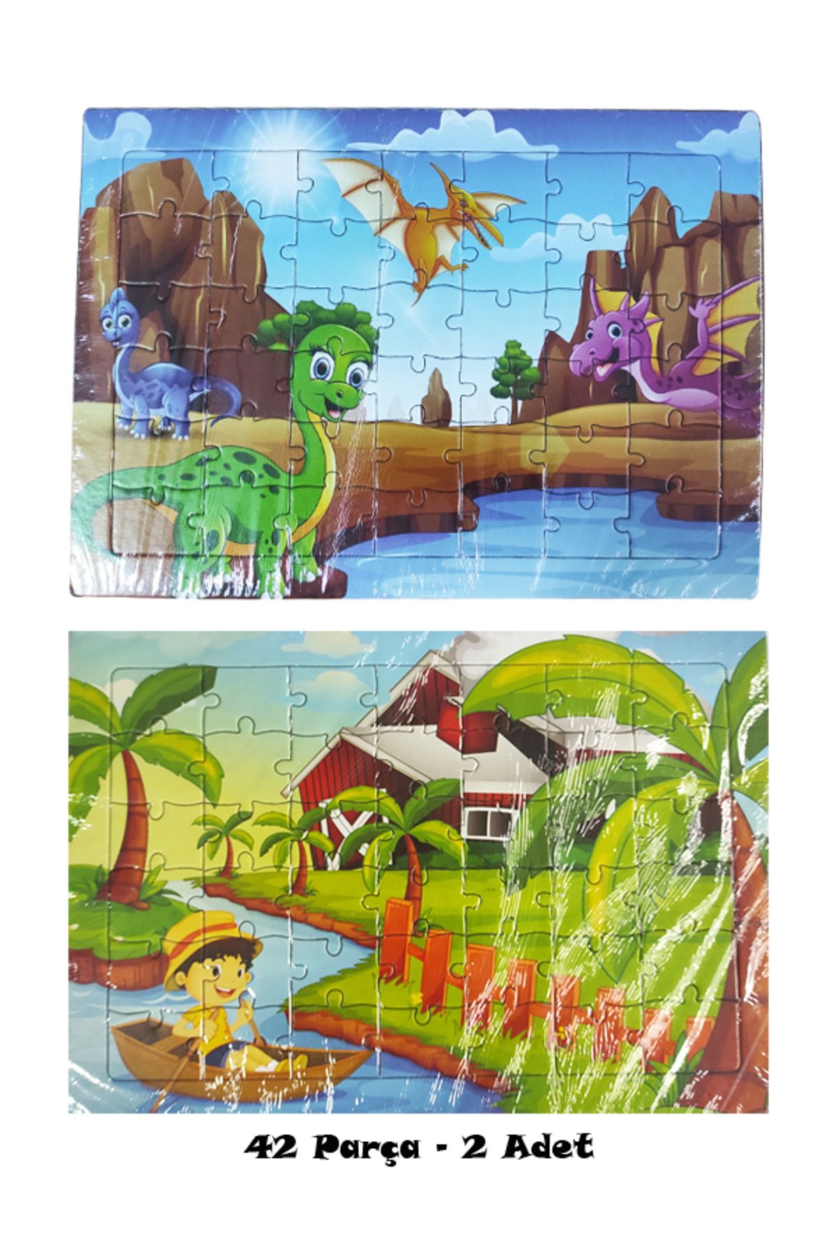 dudu kids 2 Adet 42 Parça Karton Yapboz Puzzle 4-5 Yaş - Kayıkta Çocuk ve Dinozorlar - 33x23 Cm - 5