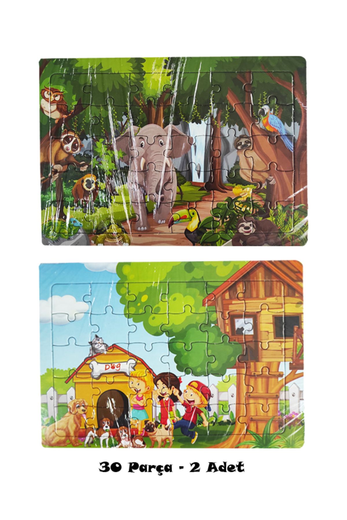 dudu kids 2 Adet 30 Parça Karton Yapboz Puzzle 4-5 Yaş - Orman ve Köpek Kulübesi - 27x19 Cm -1