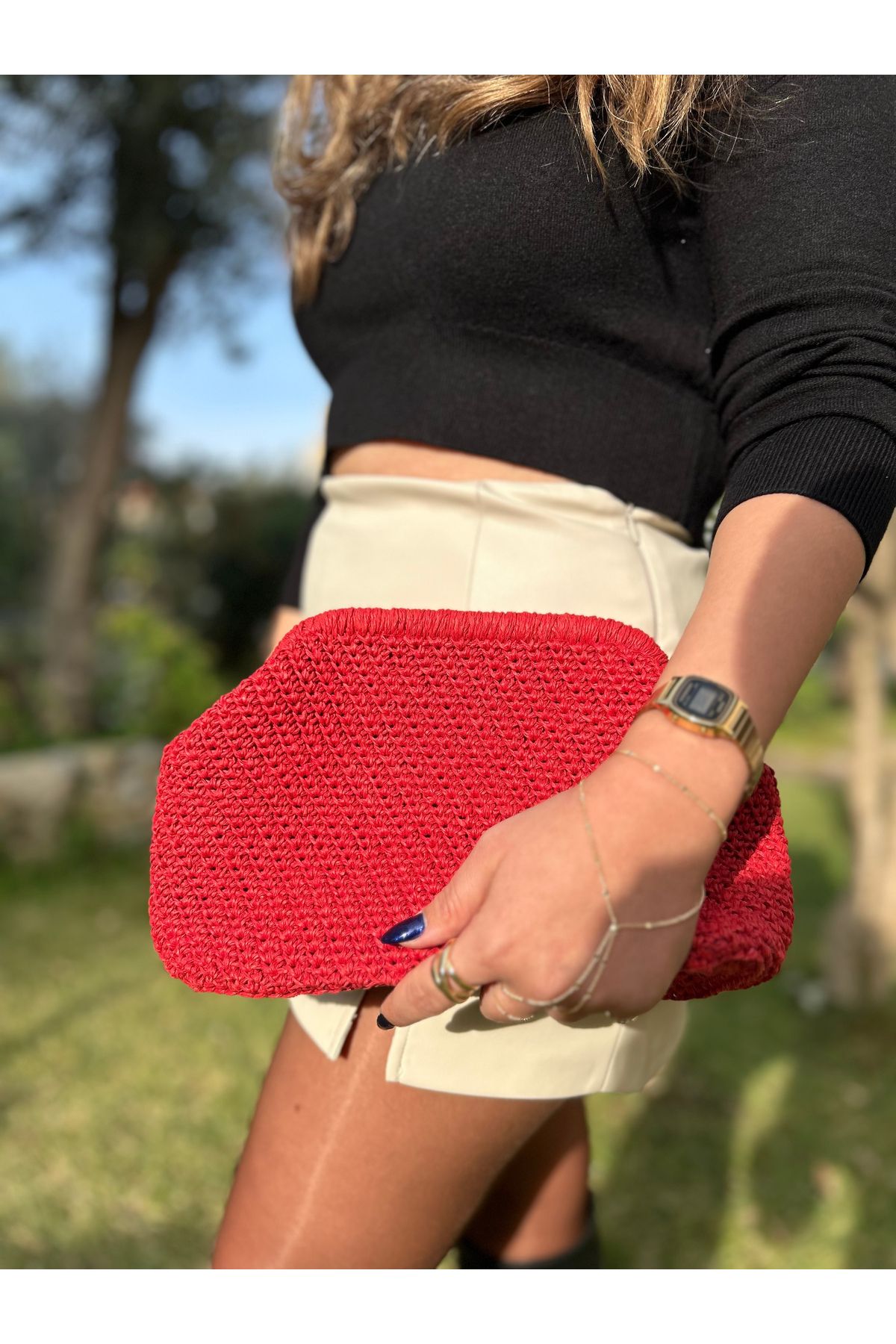 Moonjy El Yapımı Kırmızı Burslu Clutch Çanta "Flamore"