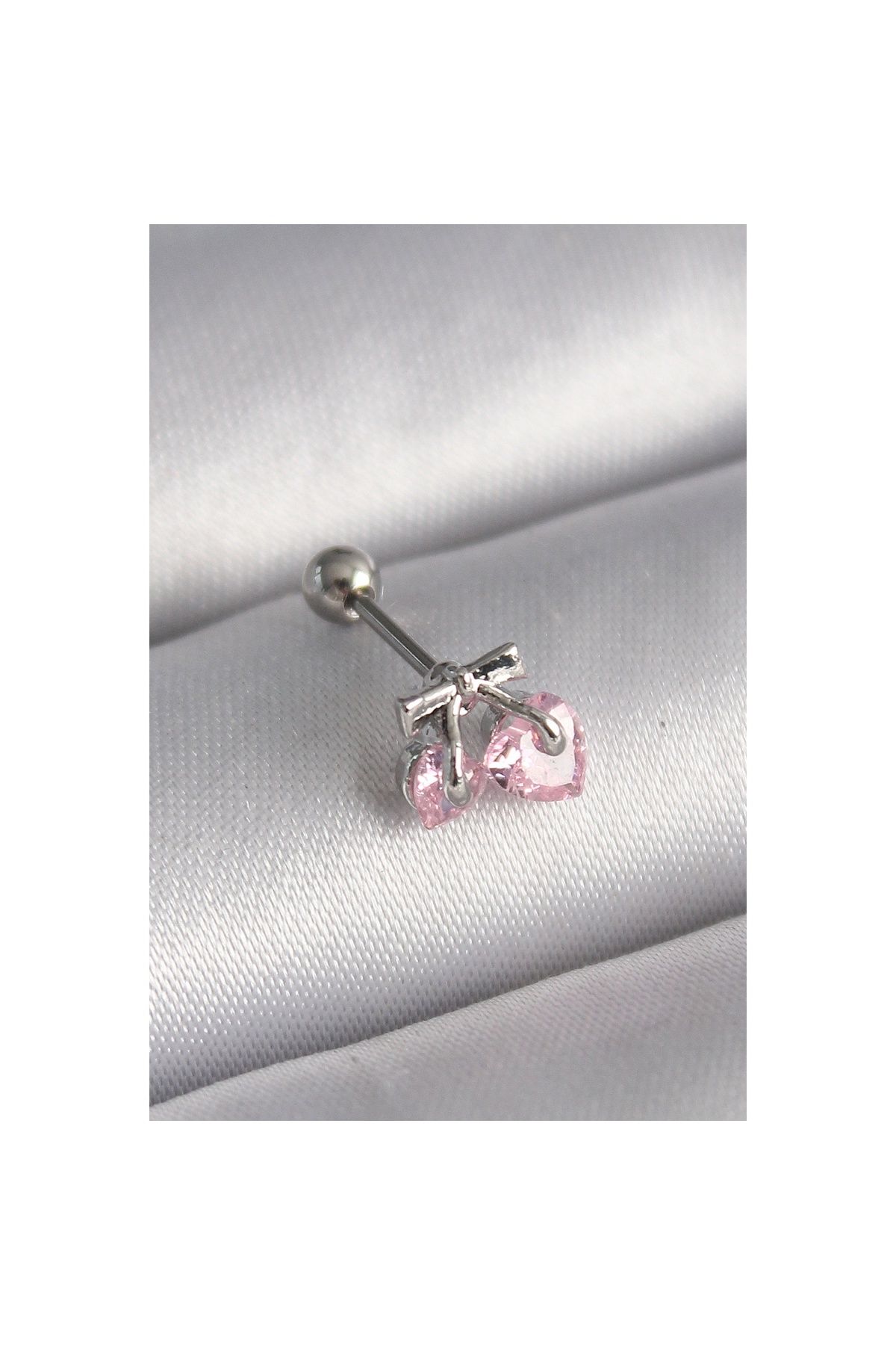 Ayder Timya 316l Çelik Gümüş Renk Pembe Zirkon Taşlı Kalp Tragus Piercing - Tj-pr1235