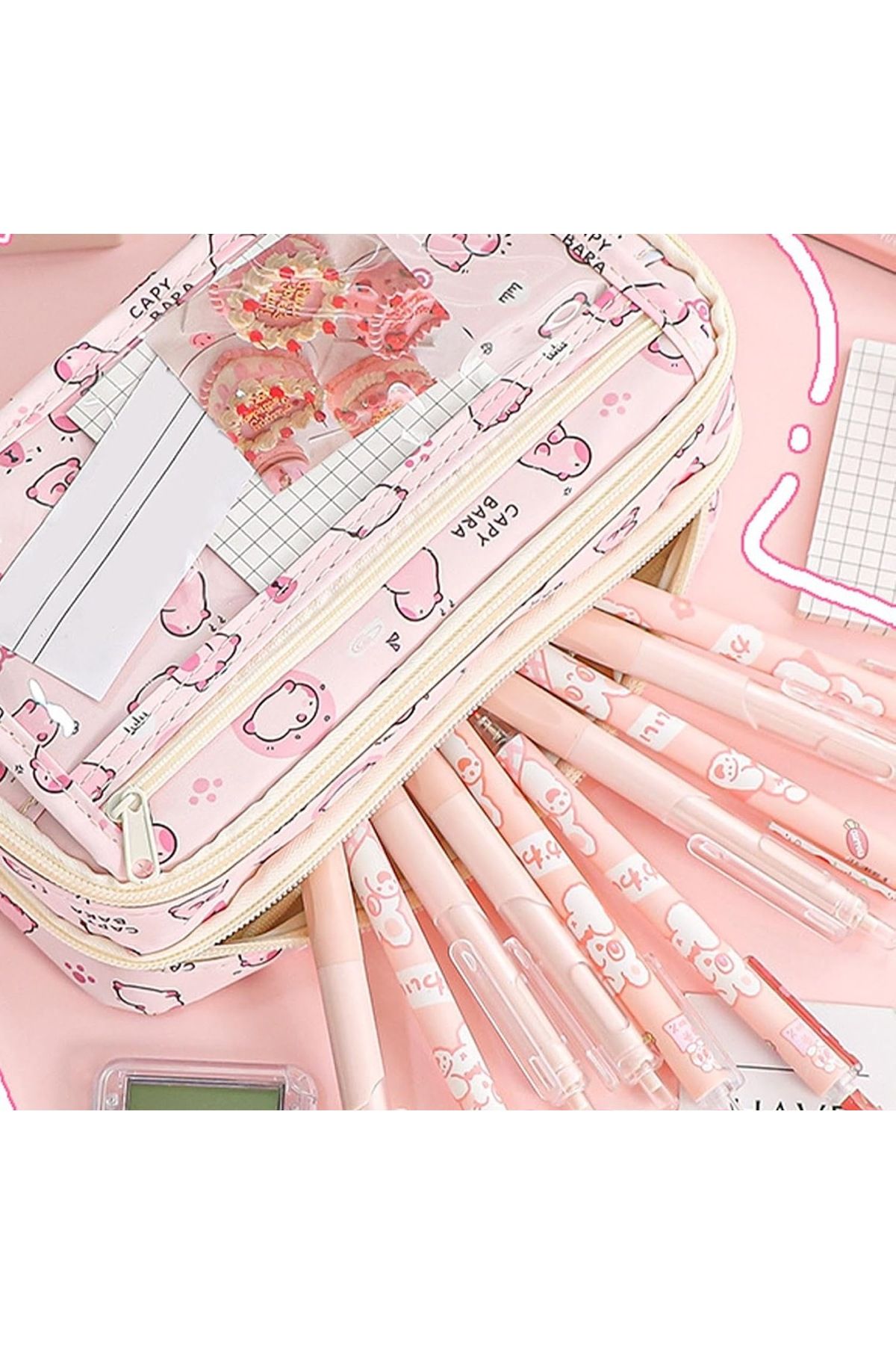 Kawai-Capybara Capybara Transparent Window Multi Compartment Large Capacity Pen Holder Pencil Case 4