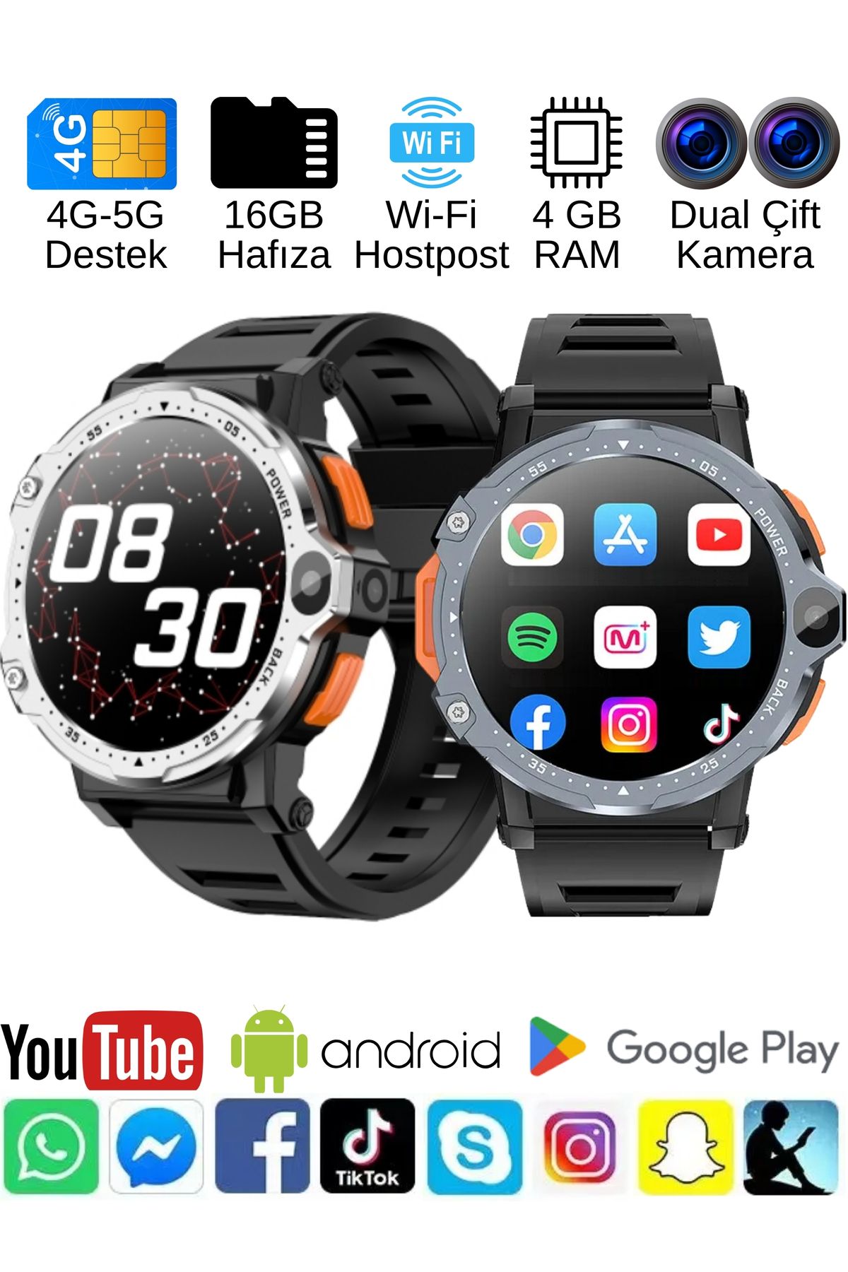 SONREİR Watch PG Yuvarlak 4G LTE 16GB Sim Kartlı Kameralı Akıllı Saat WiFi Çocuk Huawei İphone Uyumlu 8,9,10