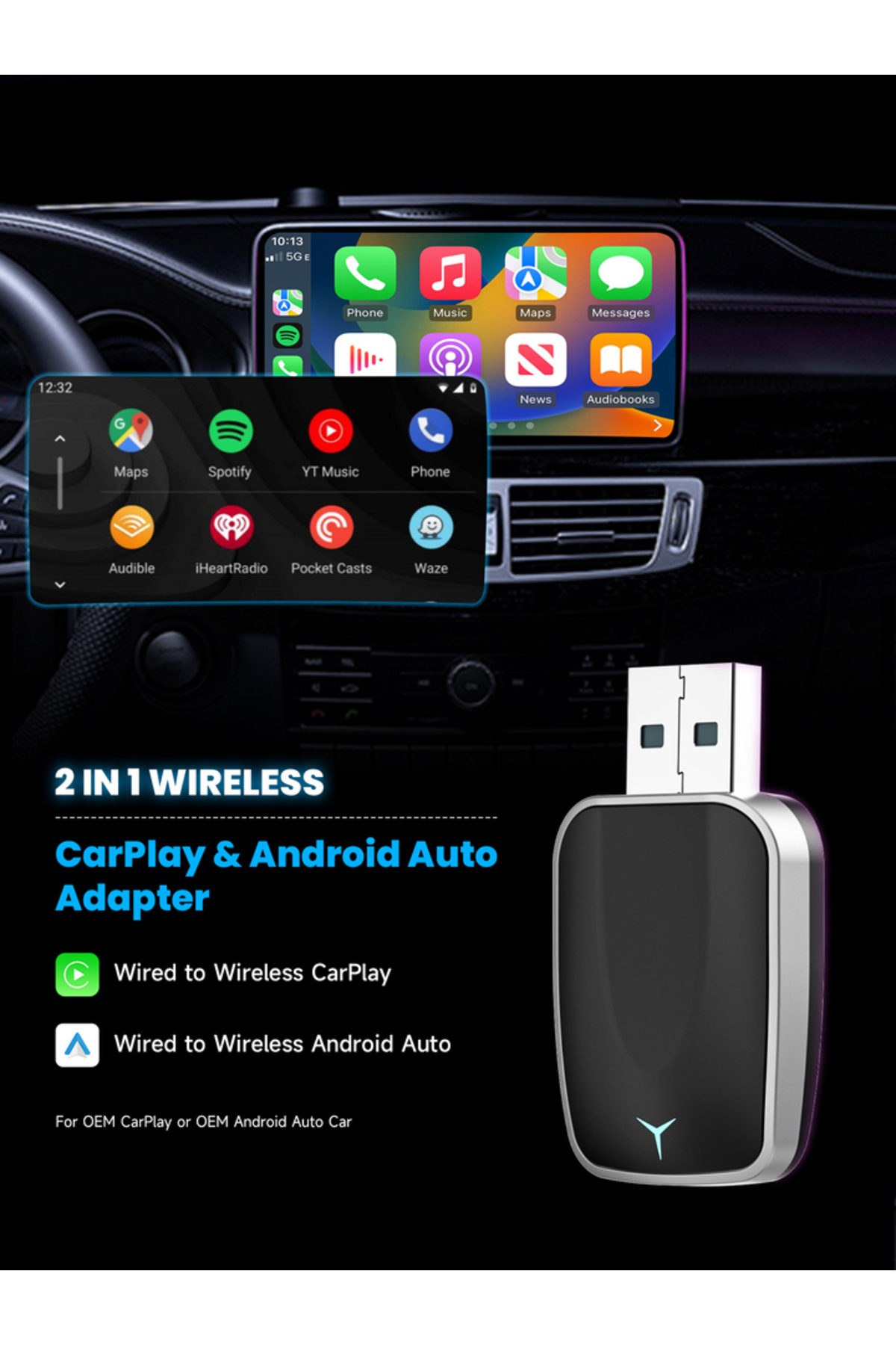 Choice-2-in-1 Wired to Wireless CarPlay Adapter & Android Auto Wireless Adapter Plug & Play 7
