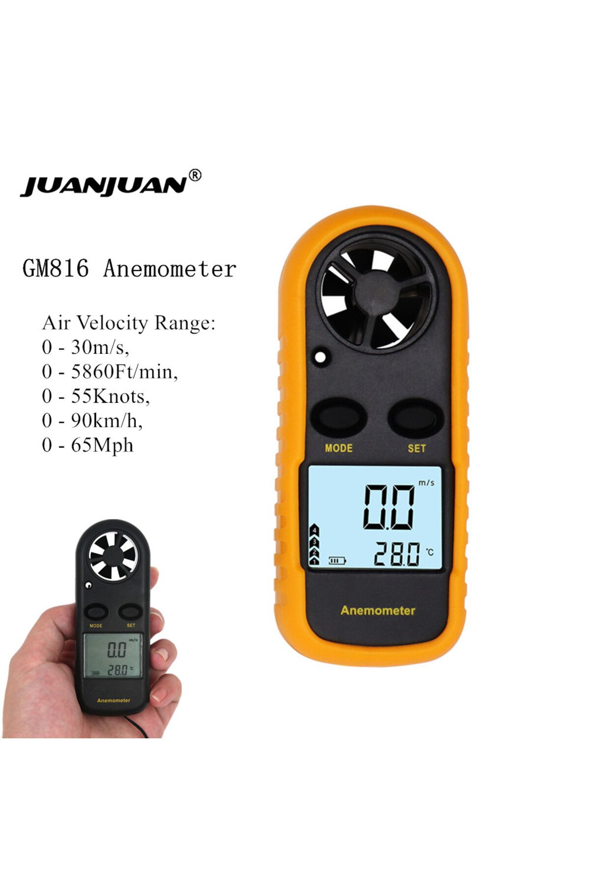 JUANJUAN-1pc Digital Anemometer 0-30m/s Wind Speed Meter Mini Air Velocity Airflow -10°c ~ 45°c Temperature T 1