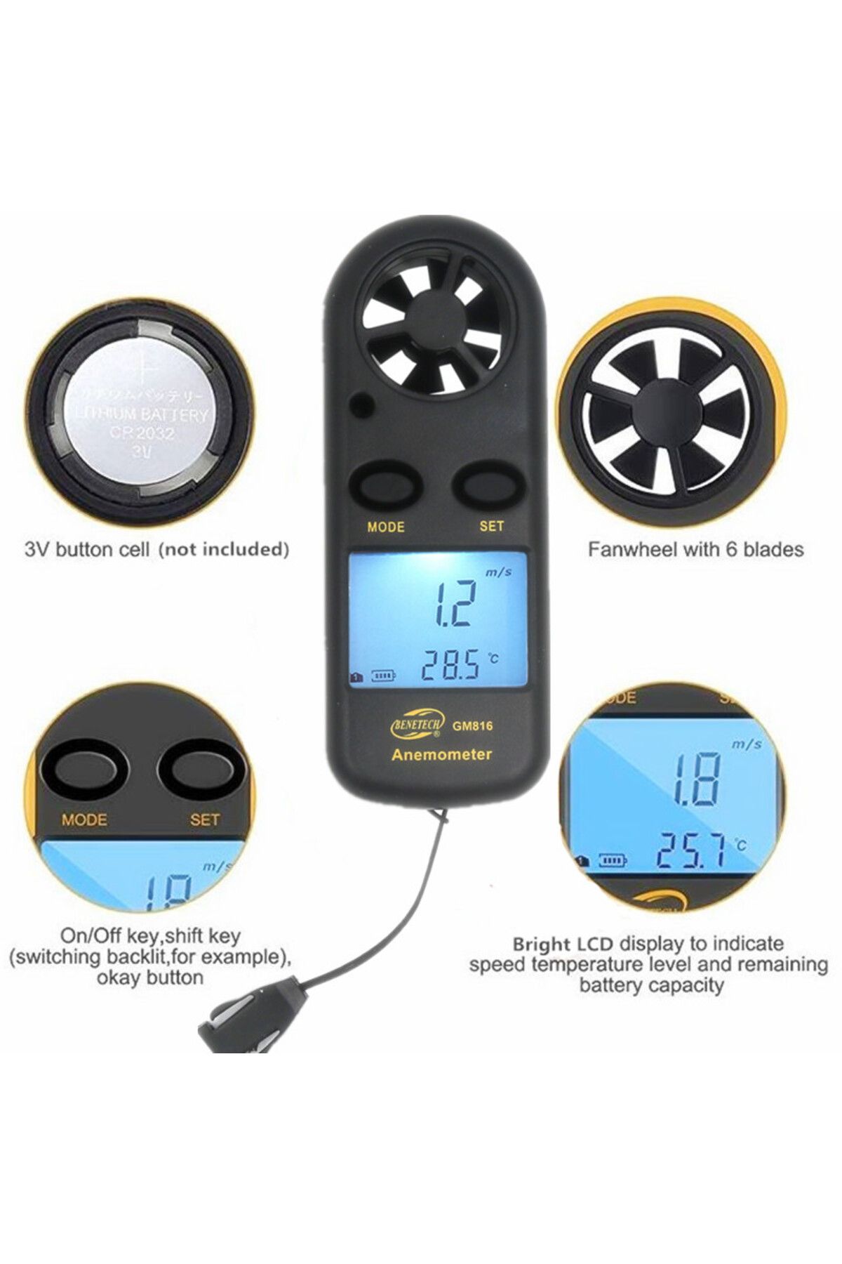 JUANJUAN-1pc Digital Anemometer 0-30m/s Wind Speed Meter Mini Air Velocity Airflow -10°c ~ 45°c Temperature T 5