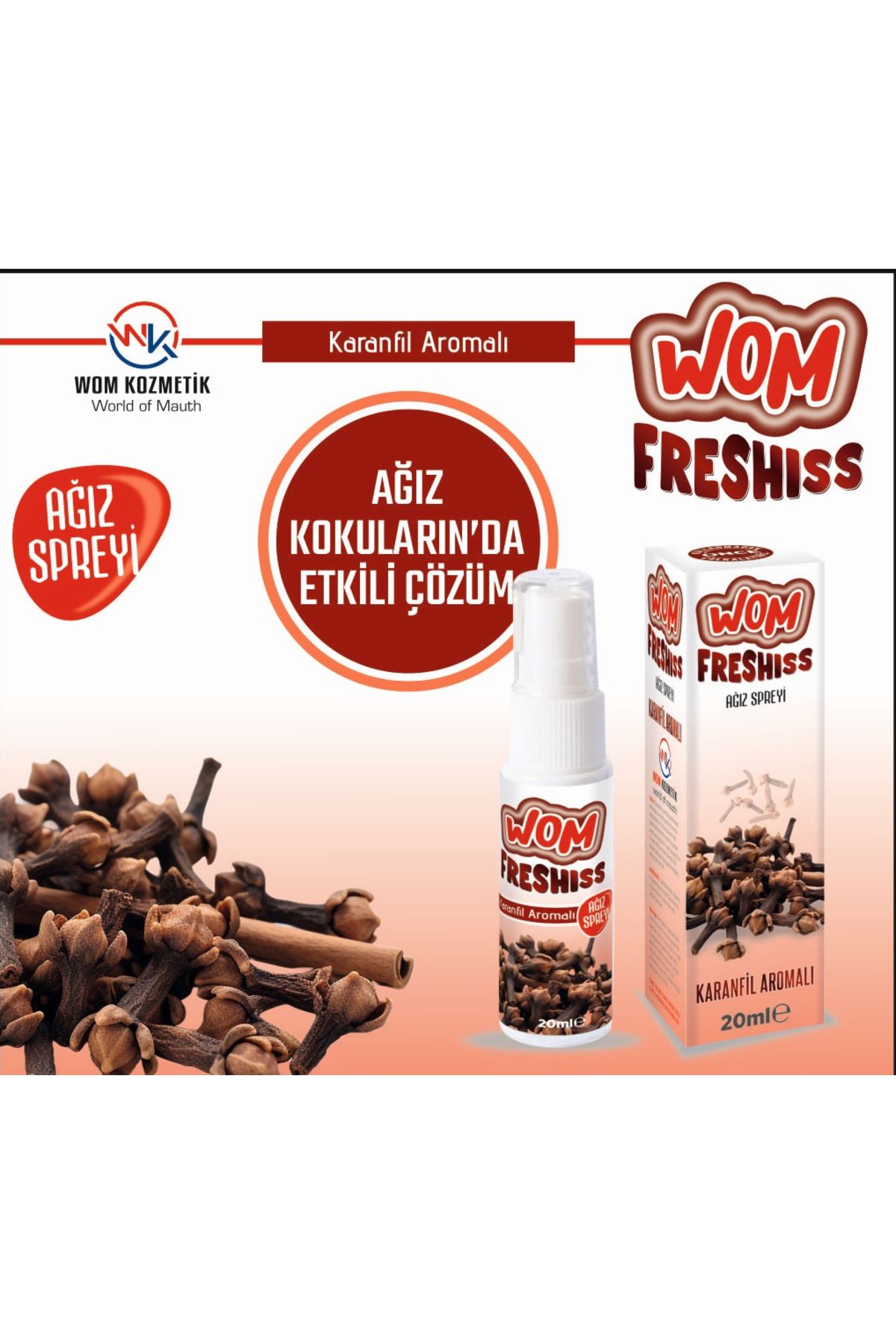 Wom DENTAL Ağız Spreyi, Ağız Kokusu Önleyici Sprey, Propolis Katkılı, 20ml, Alkolsüz, Karanfil Aromalı