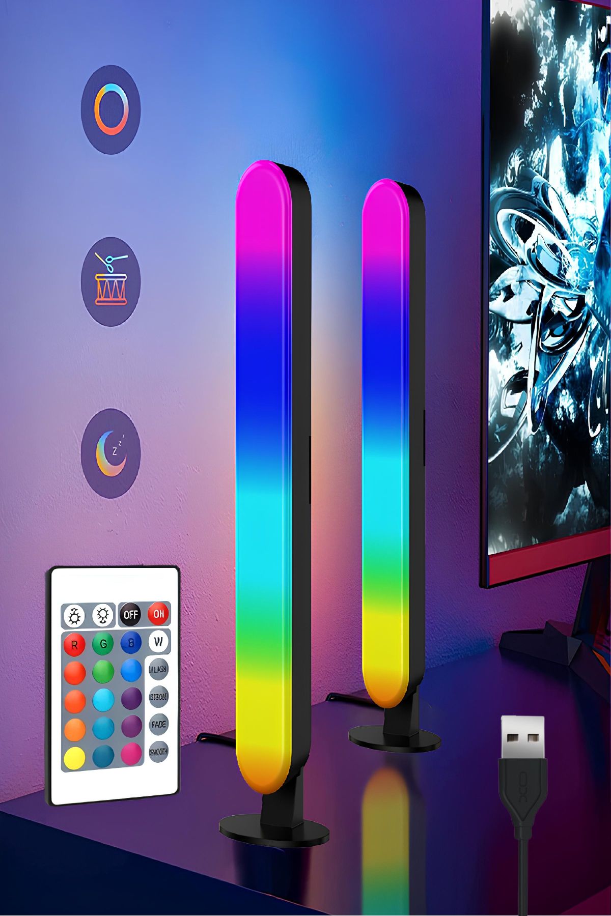 Ecuy Masa üstü Kumandalı 2'li RGB LED Işık Bar Yatak Ve Dikey 4 Farklı Mod 16 Renk Ambiyans Lamba USB