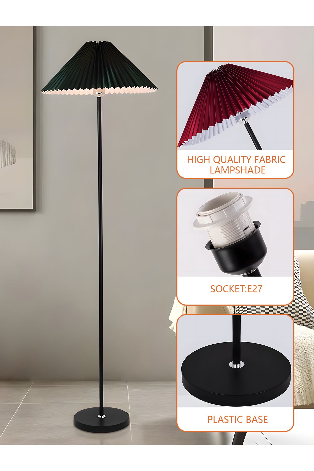 Lumely-Nordic Pleated Floor Lamp,12w 3 Modes,Adjustable 3 Brightness,E27,Green Lampshade 2