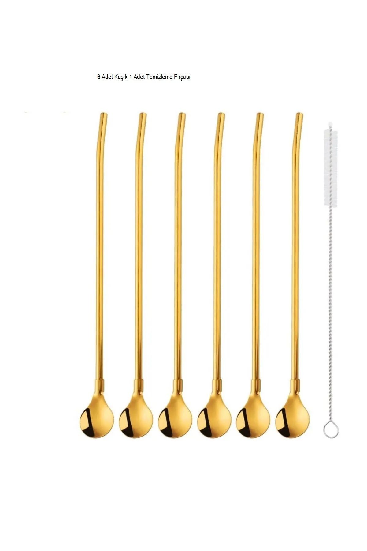 Elista Latte Kaşığı Kokteyl Kaşığı Ve Temizleme Fırçası, 22 Cm Yuvarlak Model 6'lı Gold Pipetli