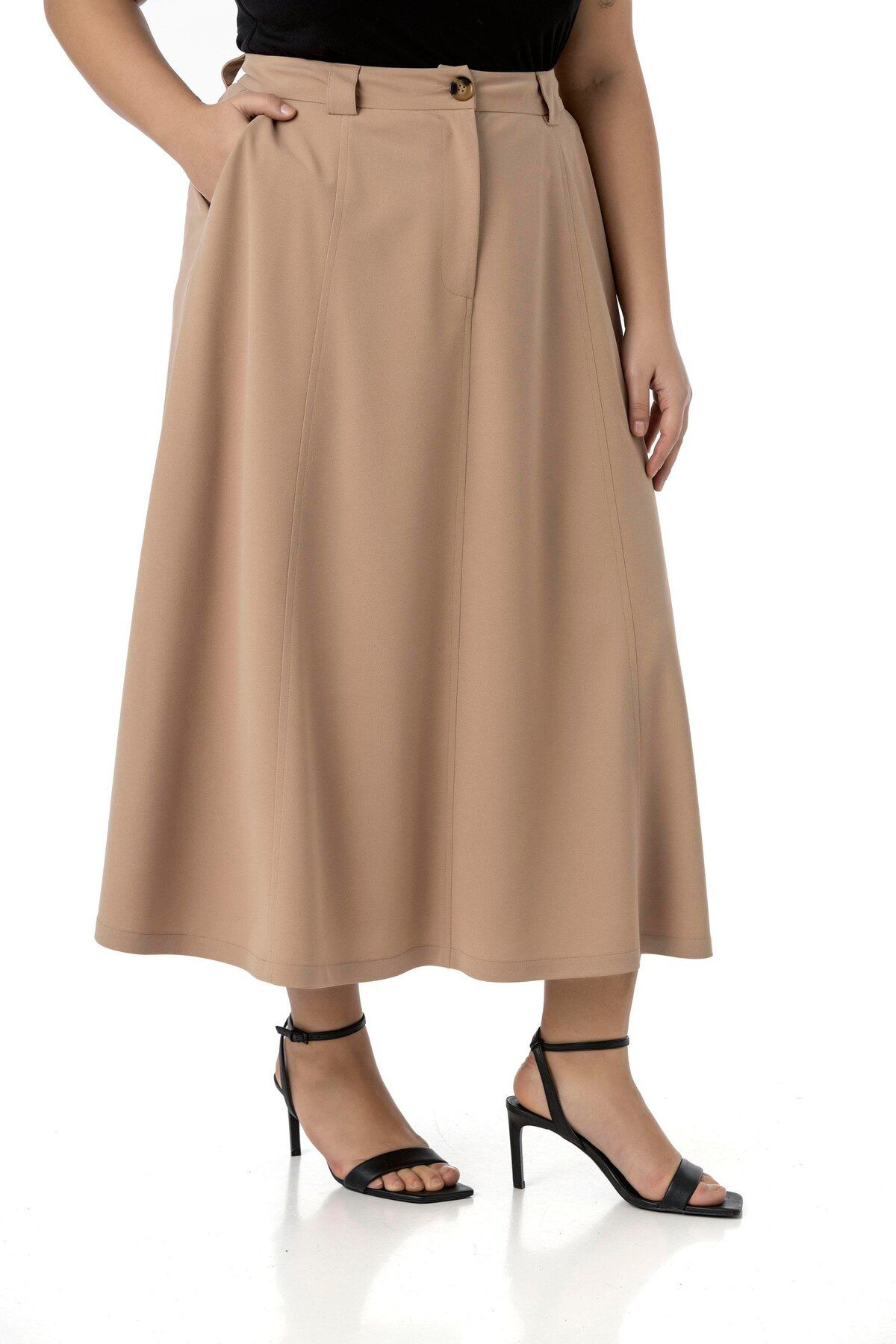 DISENTIS MODEST-Plus Size Side Slit Elastic Waist Back Midi Mink Skirt 6