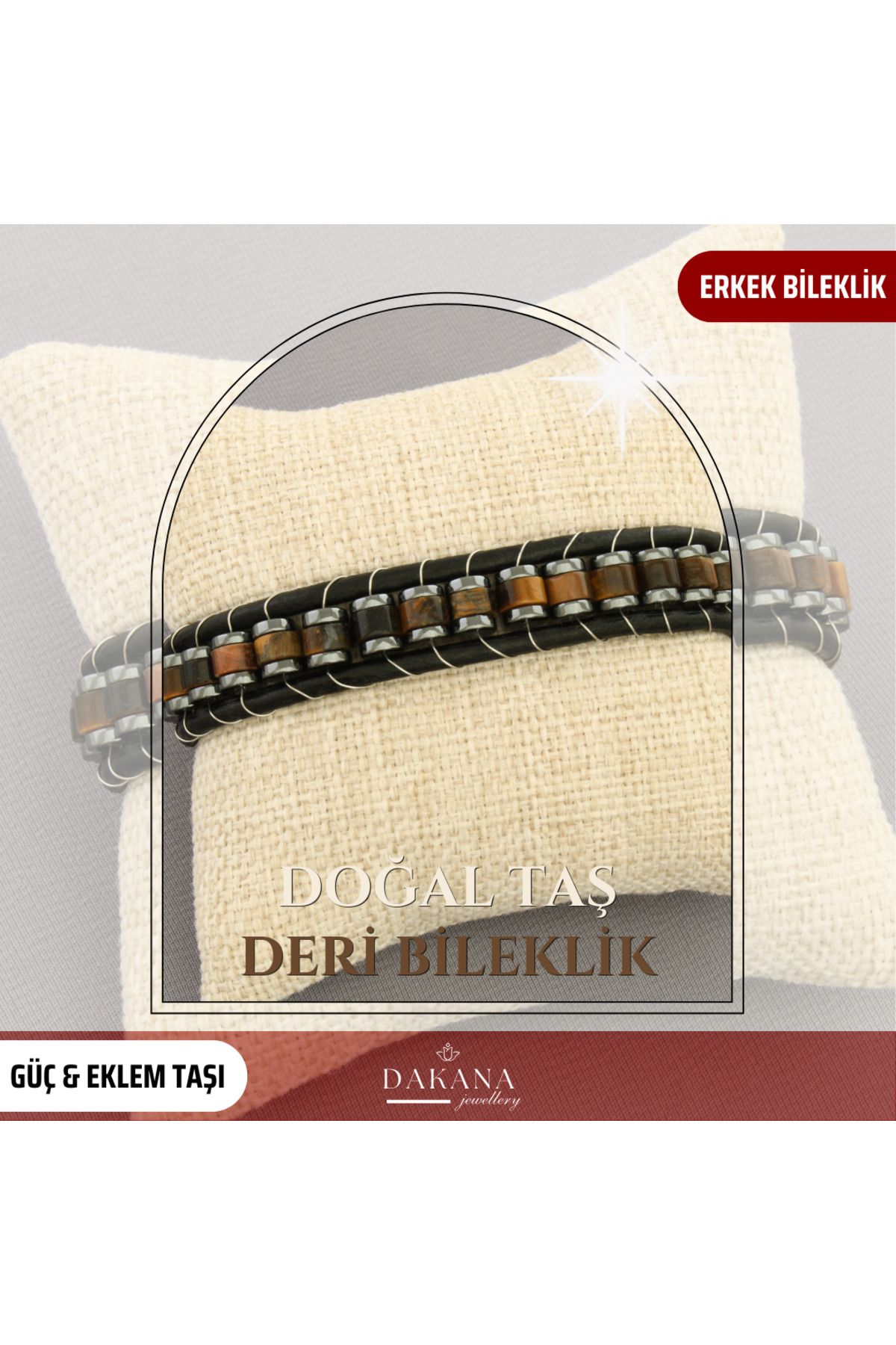 DAKANA JEWELLERY Kaplan Gözü ve Hematit Taşı Erkek Model Siyah Deri Bileklik