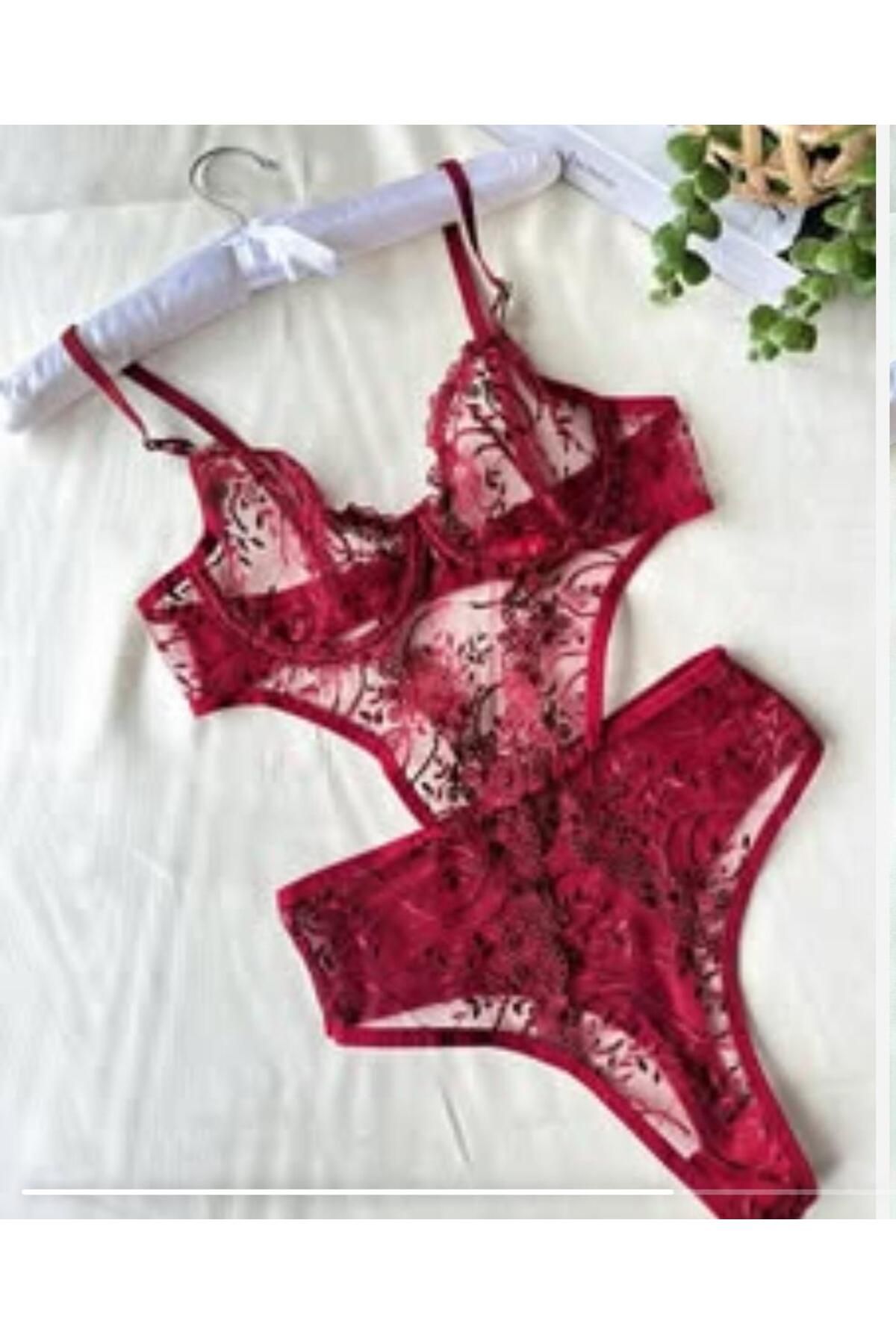 Shy Lola Lingerie Bordo Brode Balenli Kapsız Bodysuit