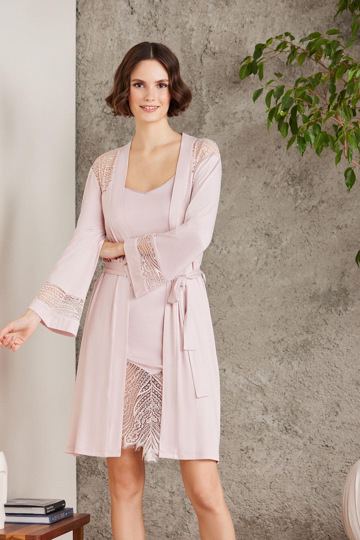 Pierre Cardin Penye Dantelli Kadın Gecelik Ve Sabahlık Takım - 4015 Pudra