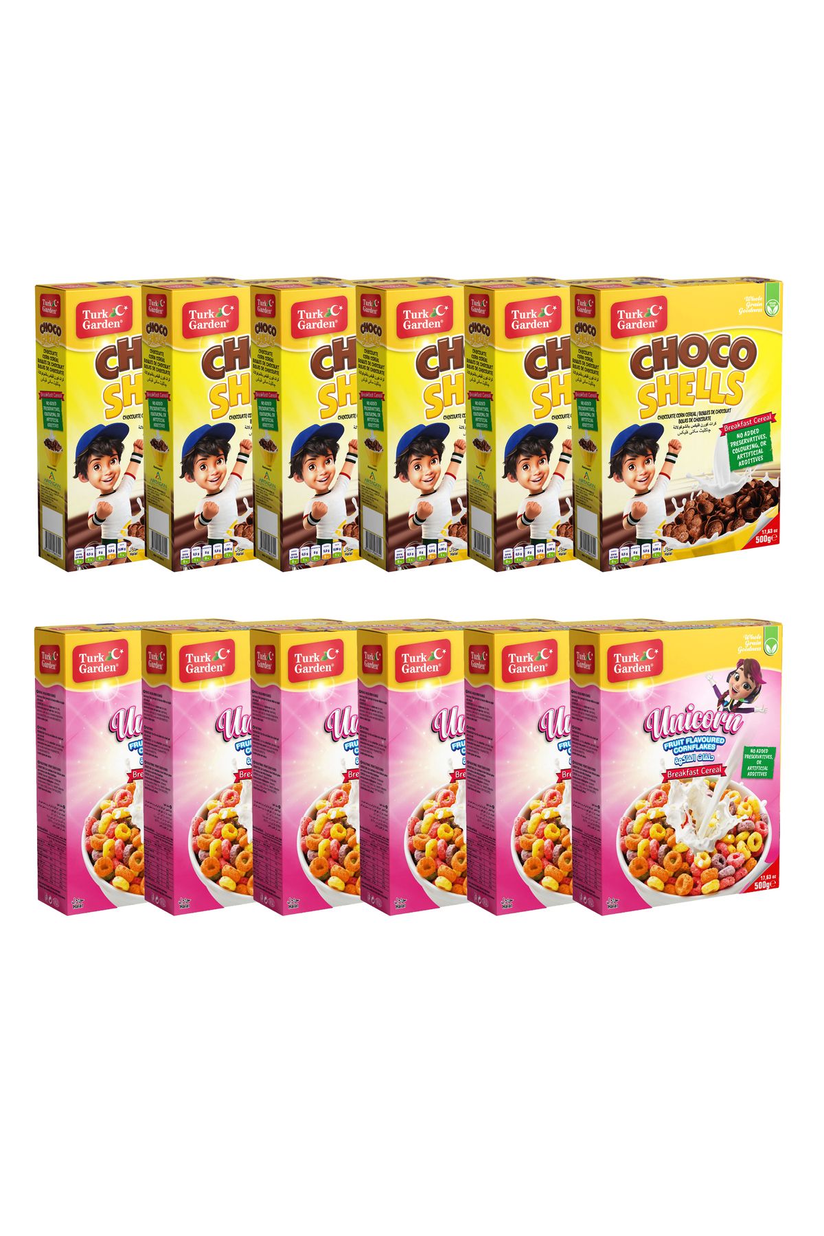 TURK GARDEN CHOCO SHELLS + UNICORN Mısır Gevreği 500 gr 12'li Karışık Paket