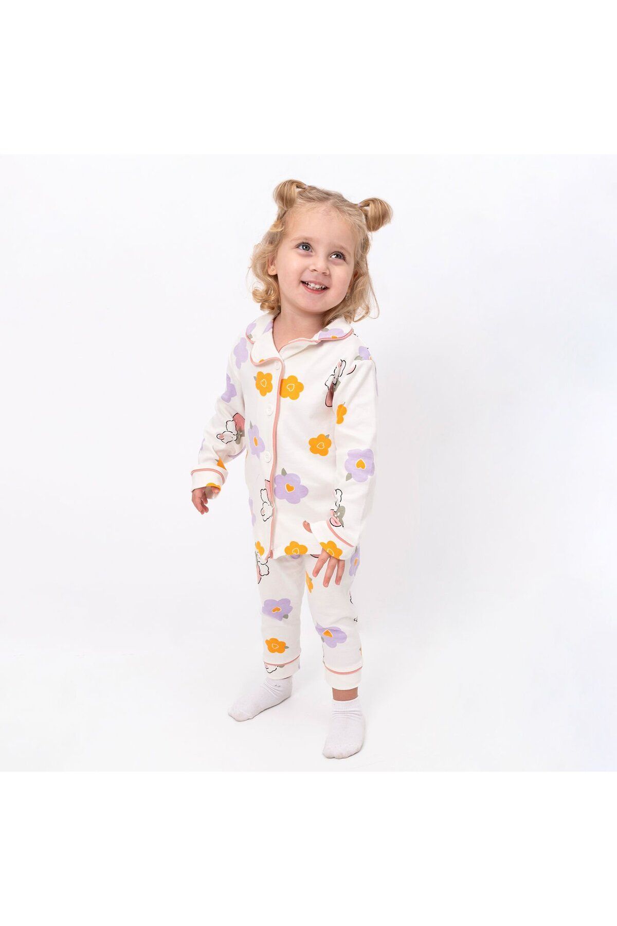 bebegen-Girl's Ecru Orange Lilac Floral Rabbit Print Double Breasted Lapel Pajamas Set 1