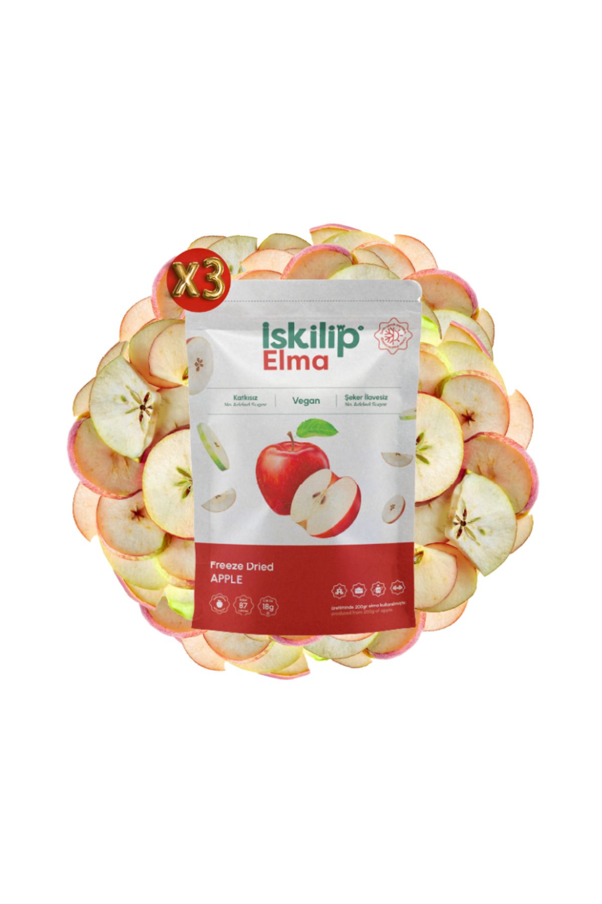 İSKİLİP Dondurularak Kurutulmuş Elma x3 Adet - Elma Kuru Meyve Cipsi - Frezee Dried Apple