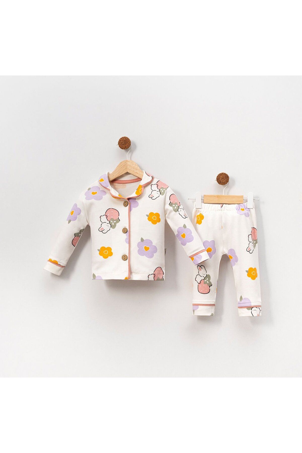 bebegen-Girl's Ecru Orange Lilac Floral Rabbit Print Double Breasted Lapel Pajamas Set 3