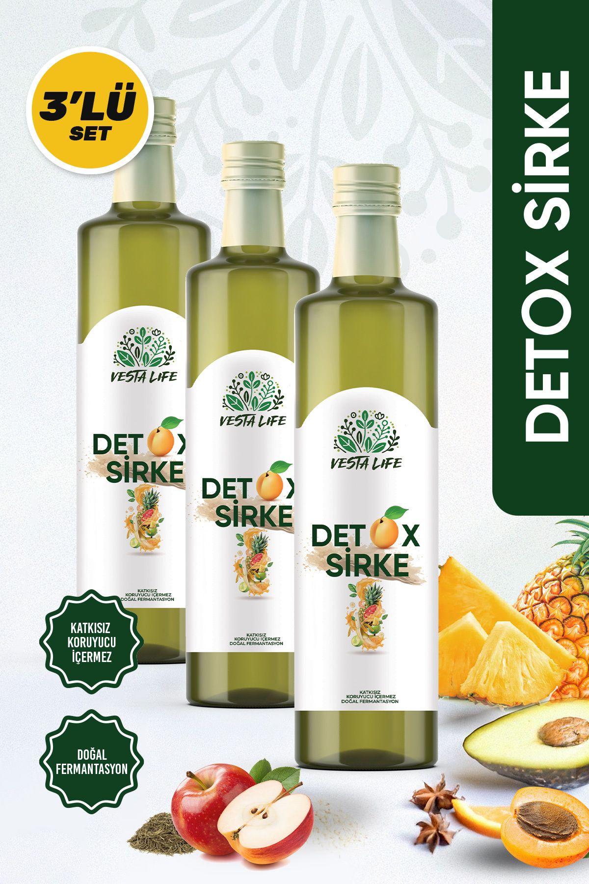 vesta life Detox Sirkesi-Ödem Atmaya Kilo Vermeye Yardımcı Doğal Zayıfla ve Fermante Detox Sirkesi-250ml-3 Adet