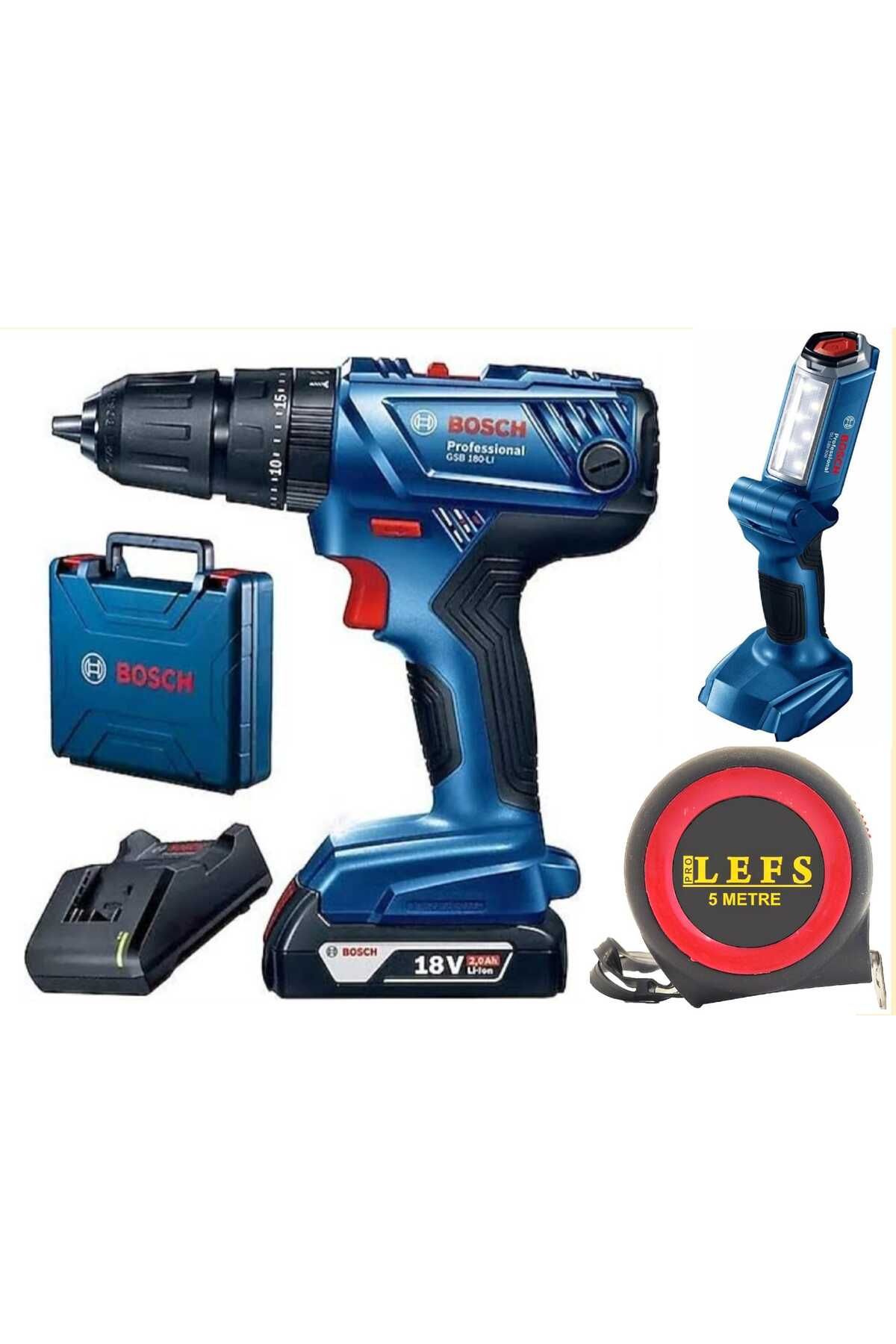 Bosch GSB 180 Li Tek Akülü Darbeli Matkap Vidalama ve Bosch Glı 18 V-300 Şarlı El Feneri