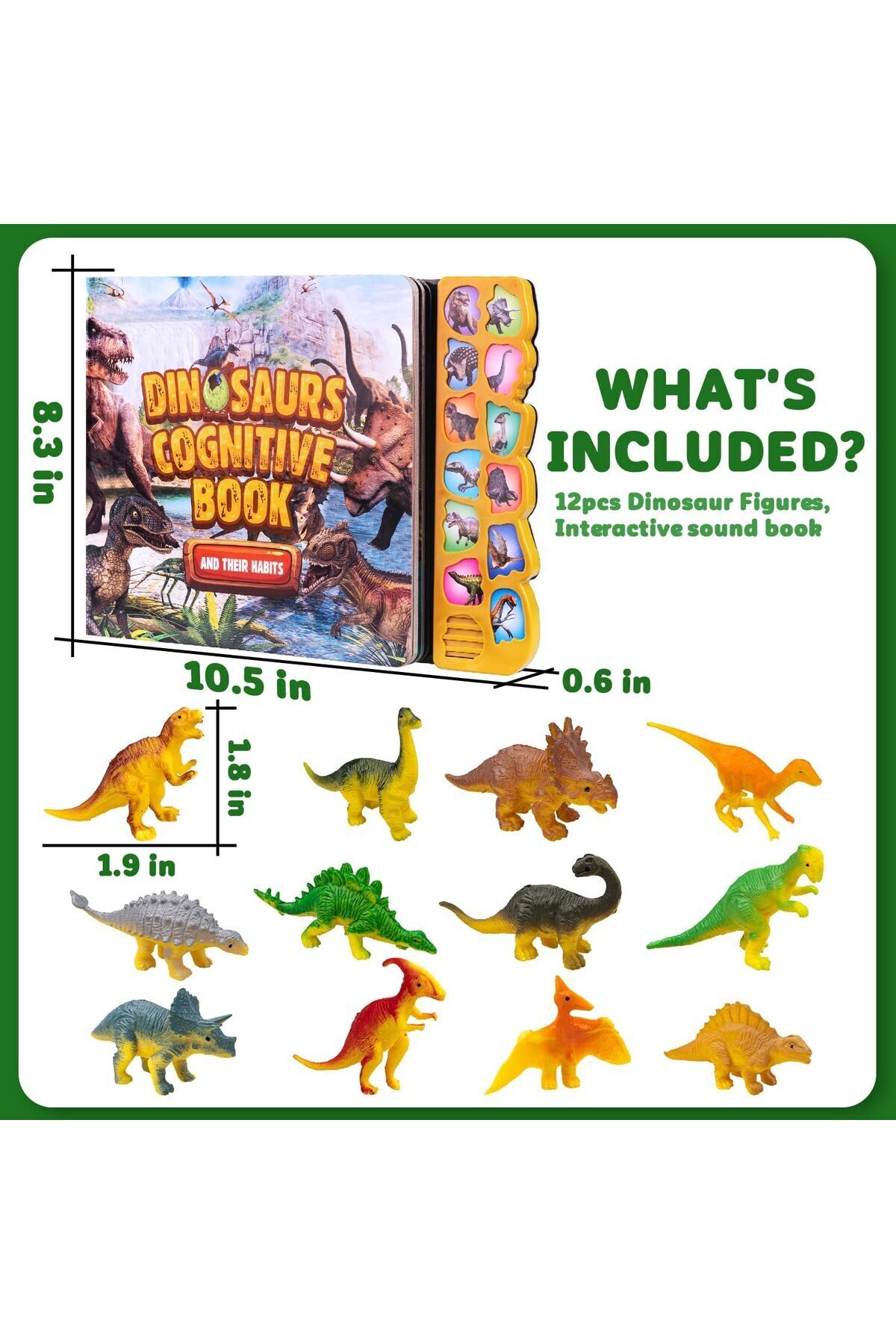 کتاب صوتی تعاملی دایناسور، ۱۲ فیگور دایناسور، صدای واضح، مناسب برای کودکان ۳ سال به بالا