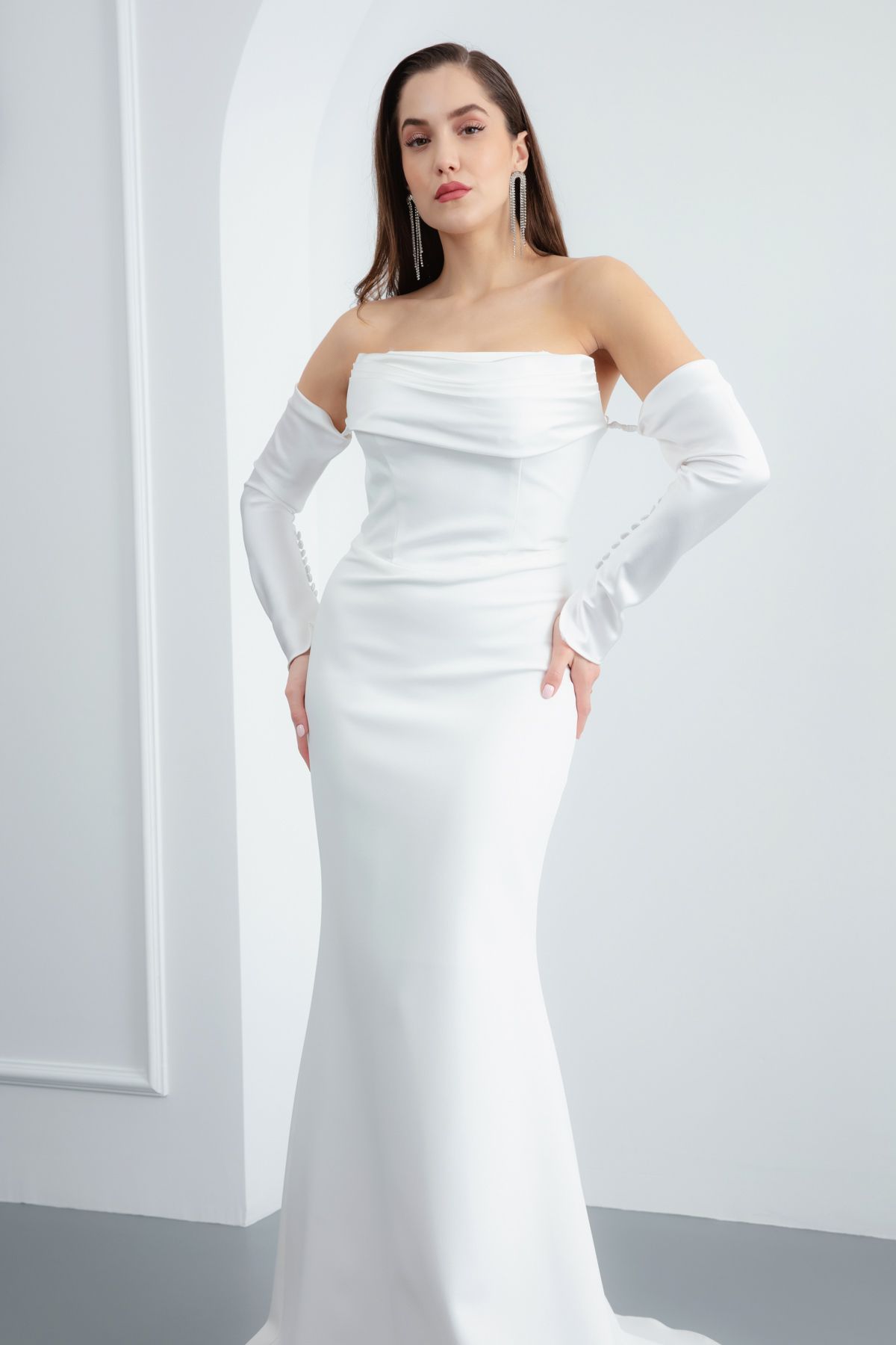 Lafaba-Women's White Collar Detailed Fish Evening Dress 3