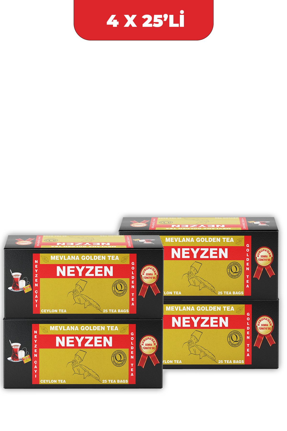 NEYZEN 4 X 25'li - %100 Ceylon Sri Lanka Sallama Mevlana Golden Tea Bardak Poşet Siyah Saf Yaprak Çay