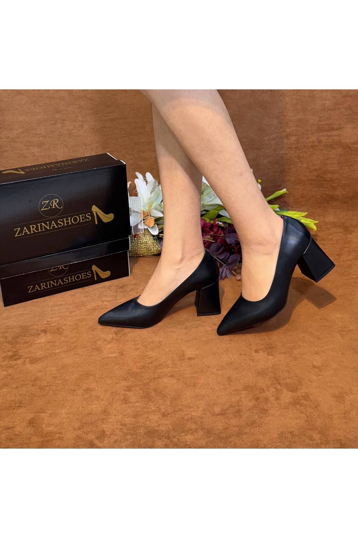 ZARİNA SHOES Kadın siyah cilt sade (7cm)kalın topuklu ayakkabı