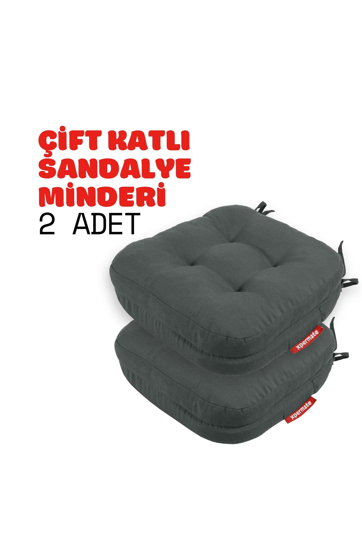 XPERMATE 2'li Çift Kat Sandalye Minderi Fermuarlı Yıkanabilir Kılıf Su ve Yağ İtici 42x42x8 Antrasit