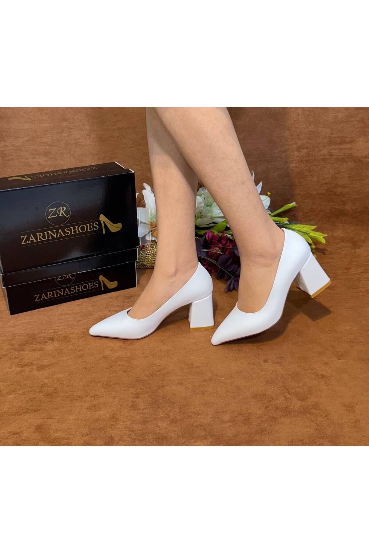 ZARİNA SHOES Kadın beyaz cilt sade (7cm)kalın topuklu ayakkabı