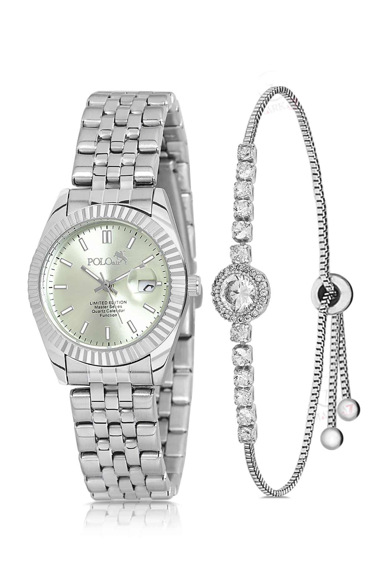 Polo Air Mercan Takvimli Kadın Kol Saati Zirkon Taşlı Yuvarlak Bileklik Kombin Gümüş AçıkYeşil Renk PL-1519B5
