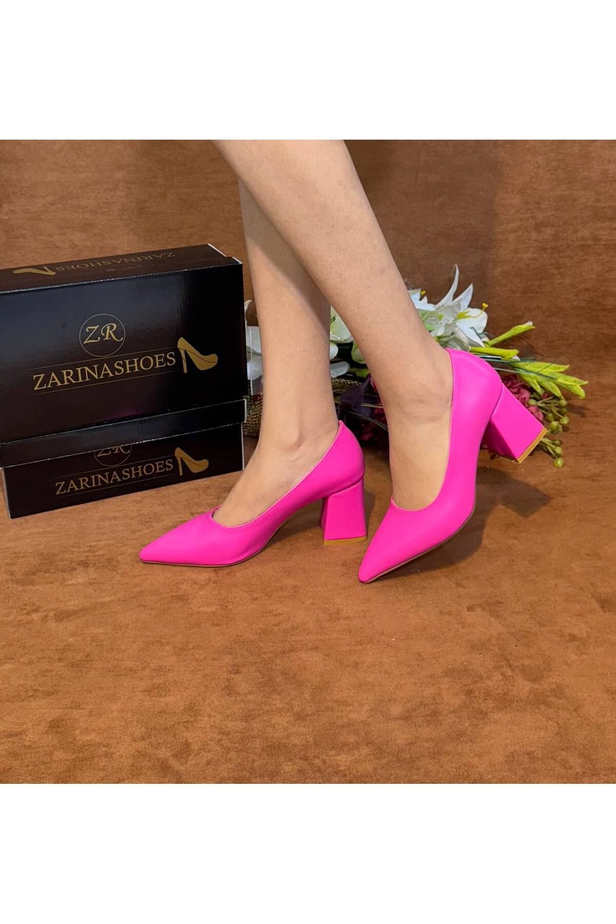 ZARİNA SHOES Kadın fuşya cilt sade (7cm)kalın topuklu ayakkabı