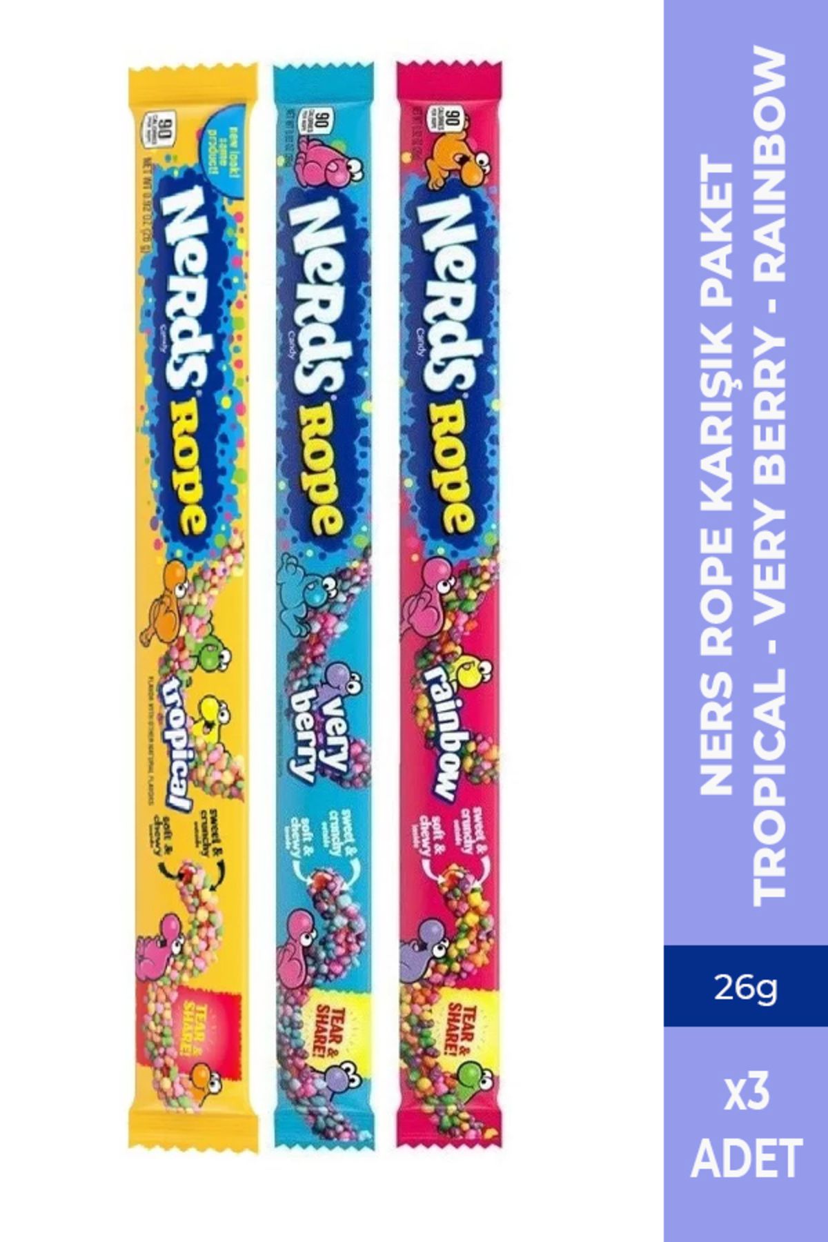 Nerds Rope Karışık Paket 26g - 1x Rainbow 1x Very Berry & 1x Tropical