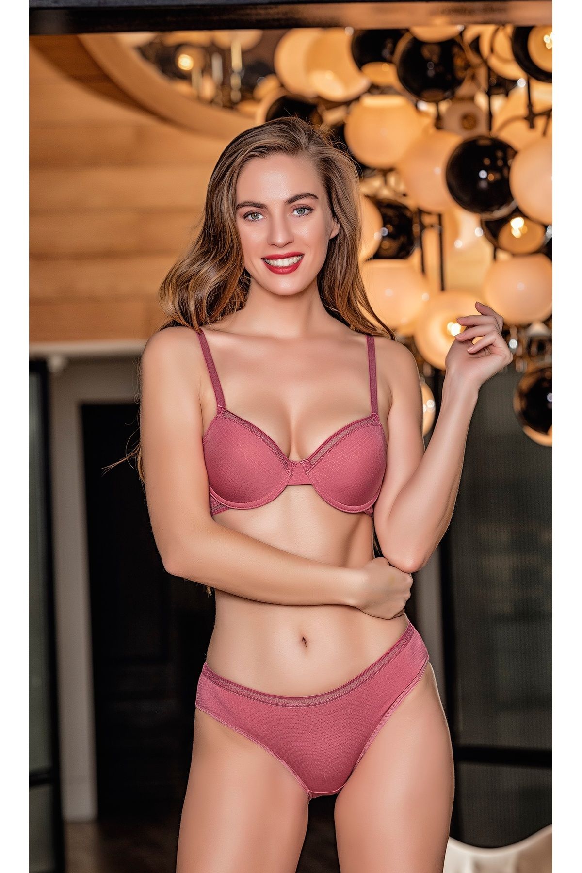 newmood Full Push Up Balenli Sütyen Takım Pembe Slip Külot Takımı 3028